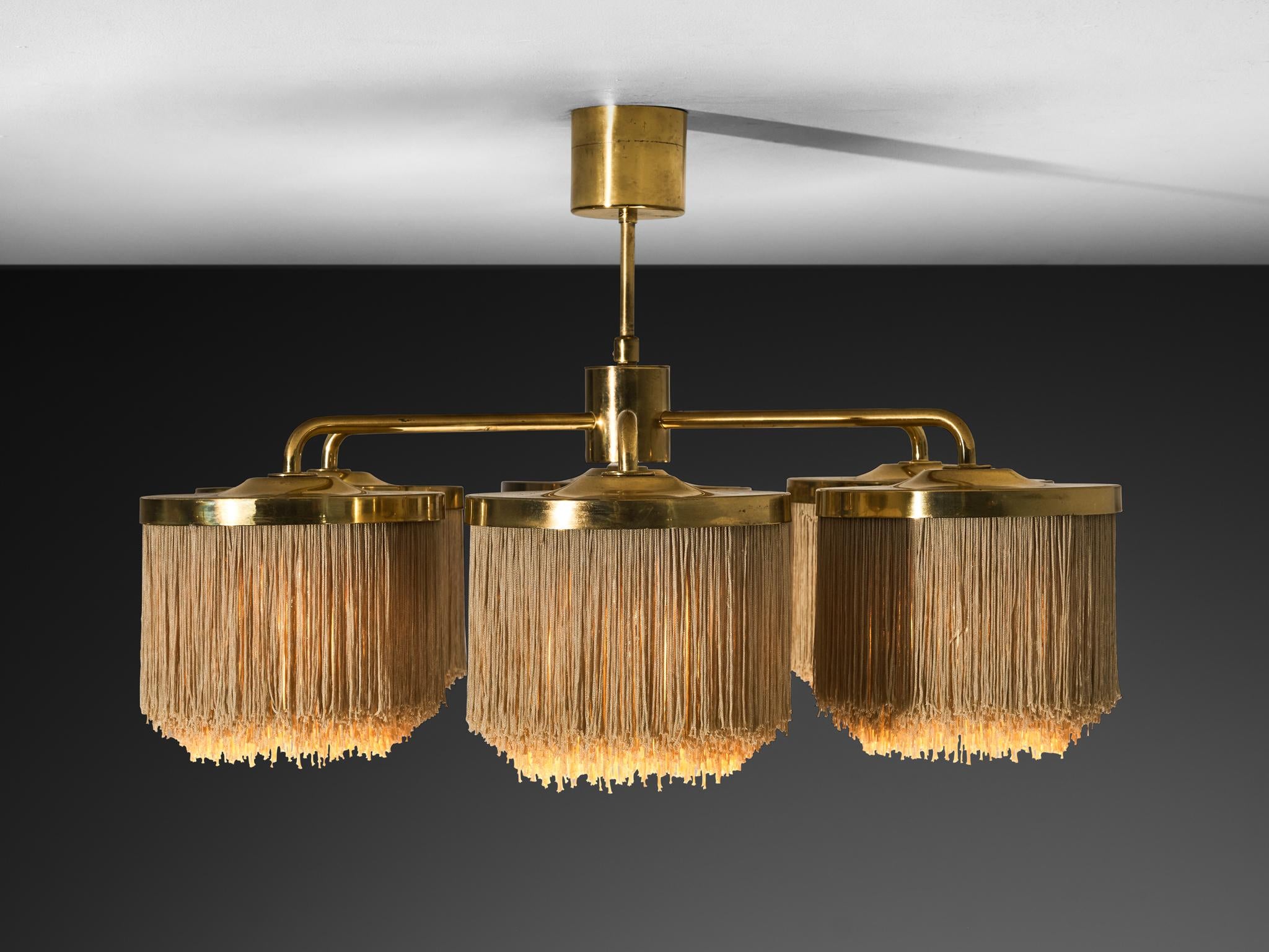 Hans-Agne Jakobsson Chandelier in Brass with Beige Silk Fringes