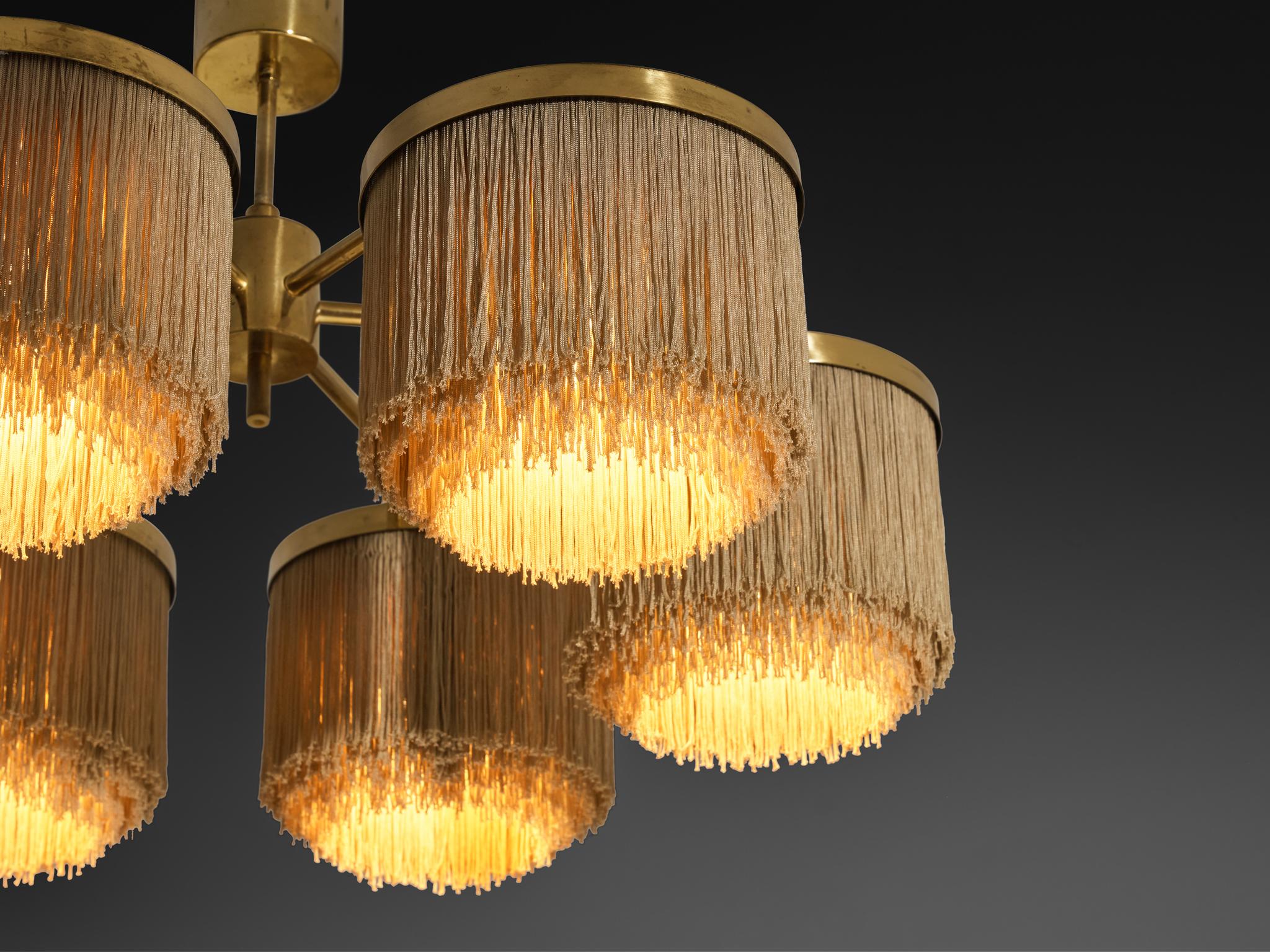 Hans-Agne Jakobsson Chandelier in Brass with Beige Silk Fringes