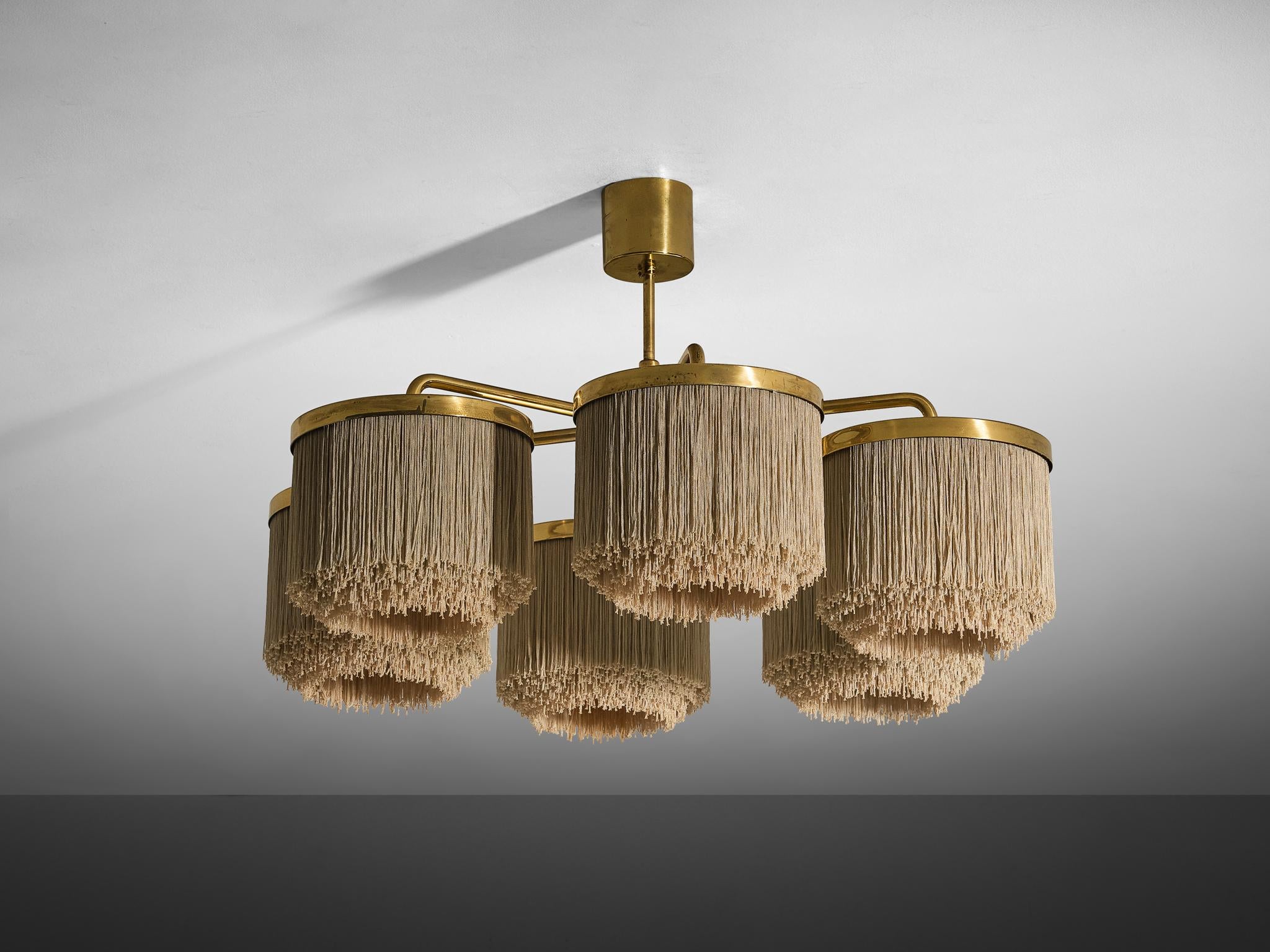 Hans-Agne Jakobsson Chandelier in Brass with Beige Silk Fringes