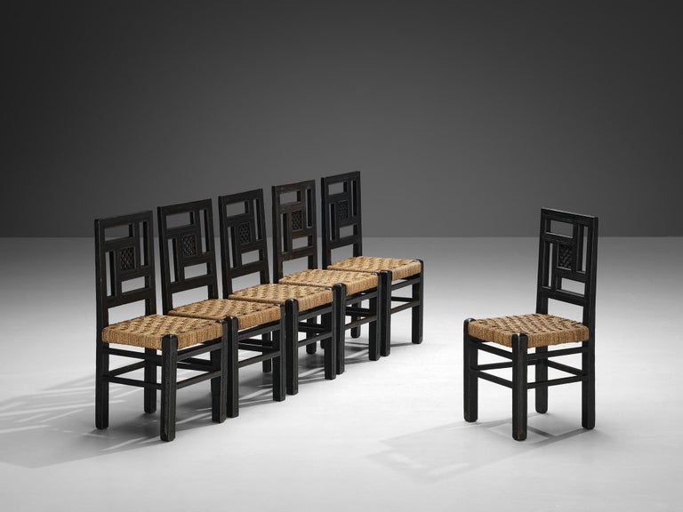 French Art Deco Chairs with Straw Seats and Geometrical Backrests