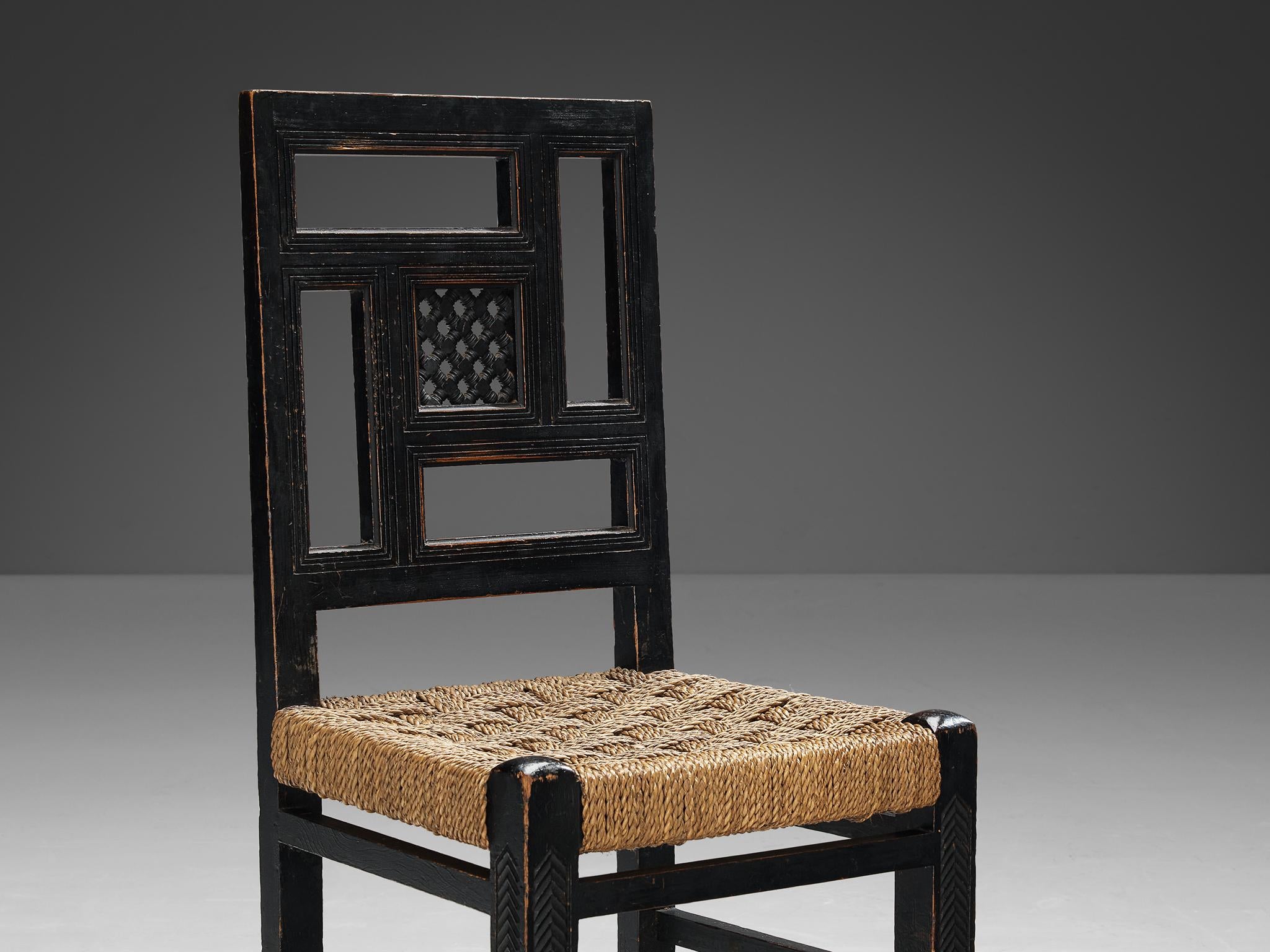 French Art Deco Dining Chair with Straw Seat and Geometrical Backrest