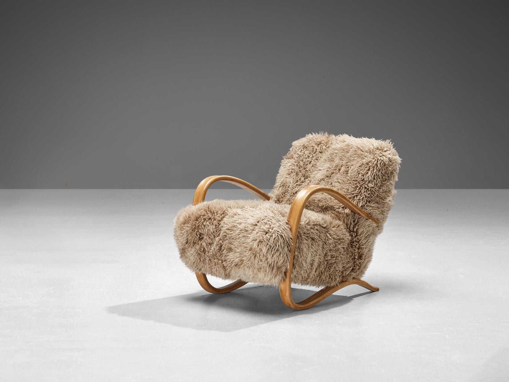 Jindrich Halabala Lounge Chair in Brown Tibetan Lambswool