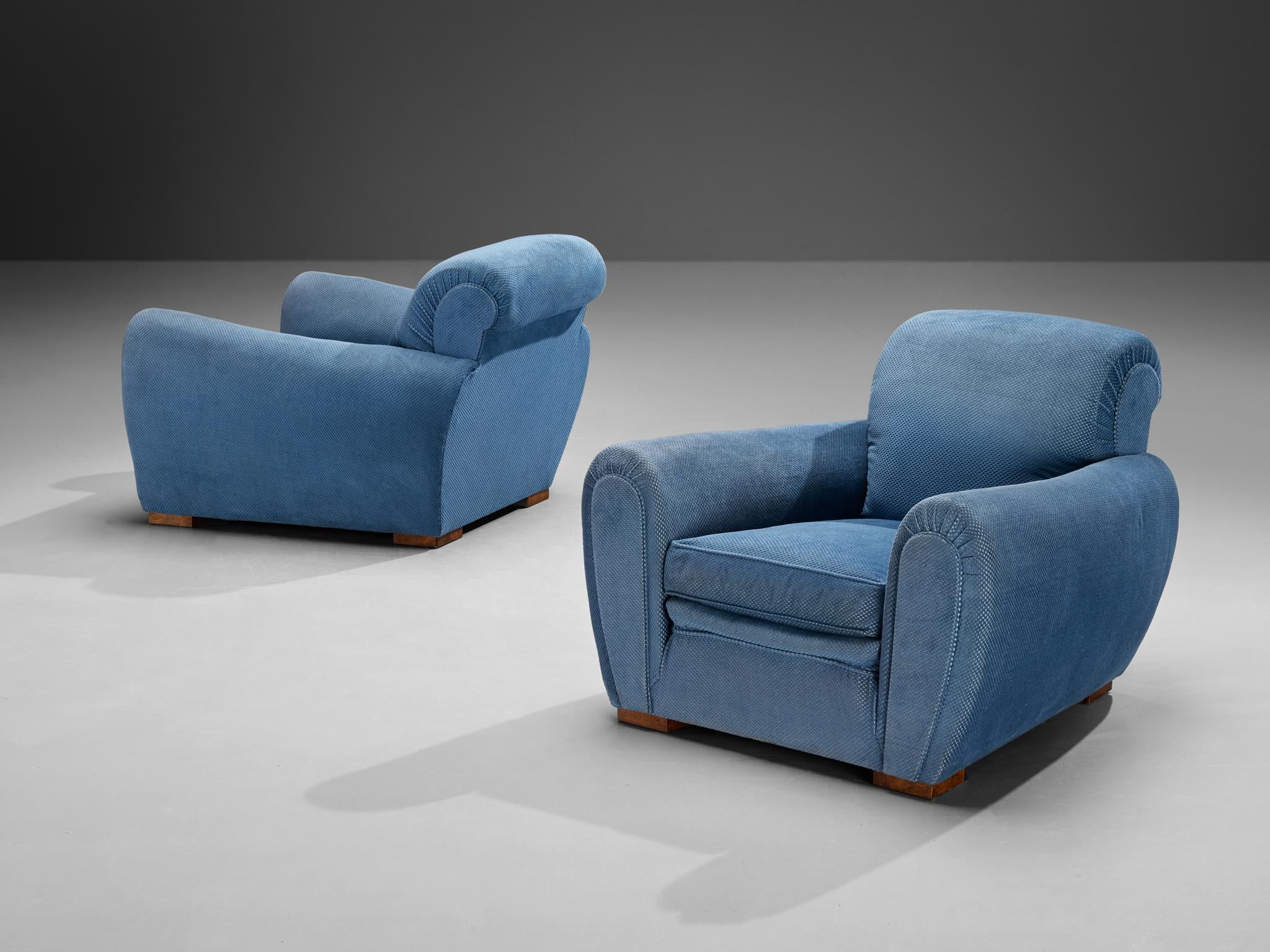 French Art Deco Pair of Lounge Chairs in Blue Upholstery