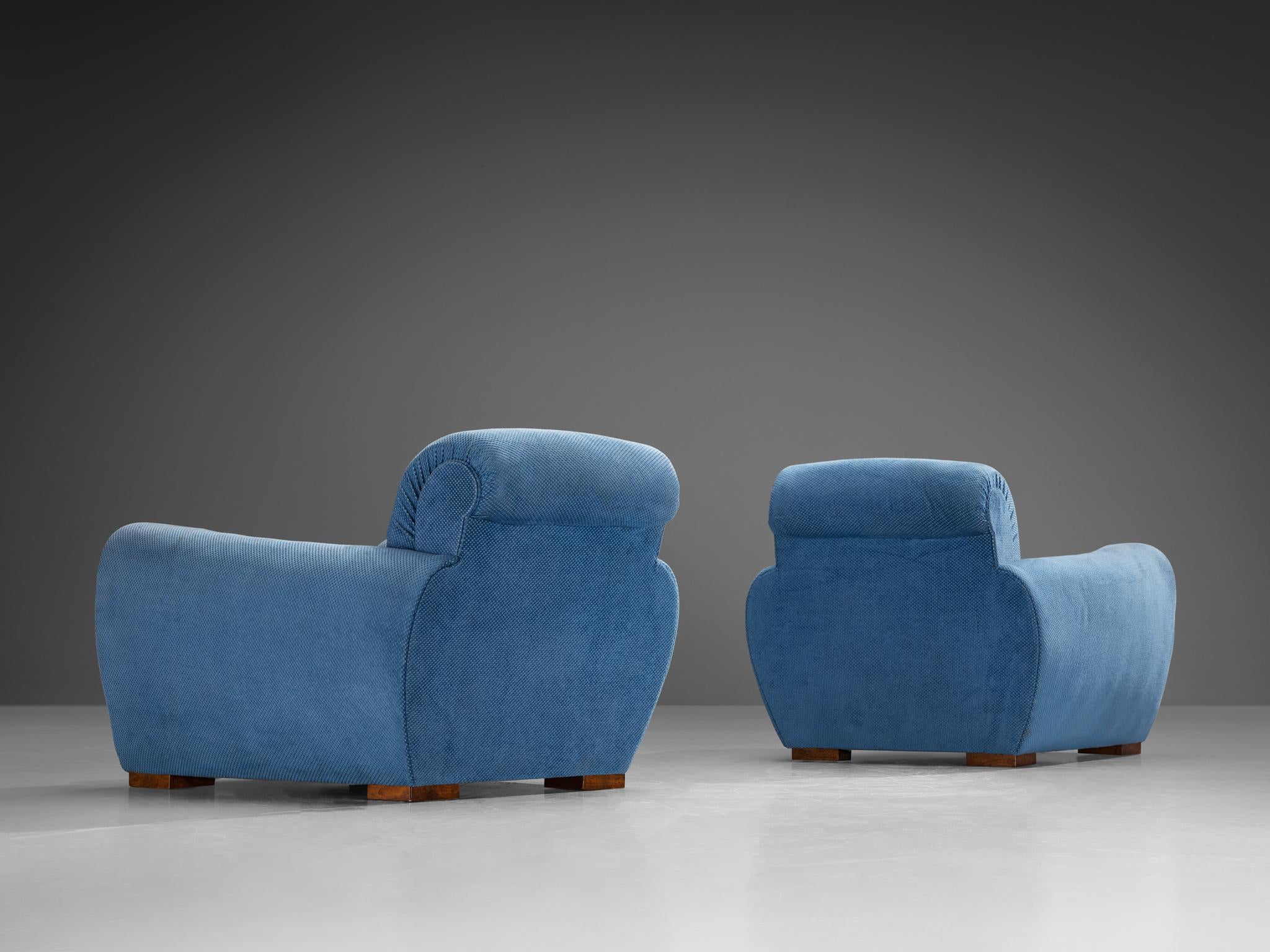 French Art Deco Pair of Lounge Chairs in Blue Upholstery