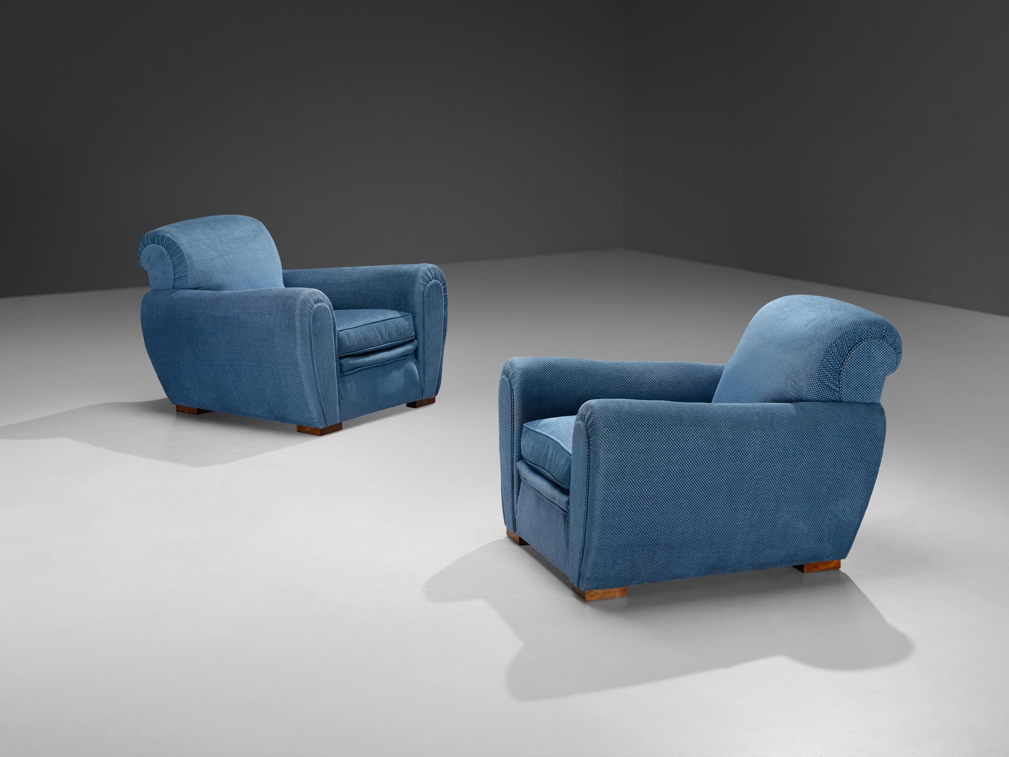 French Art Deco Pair of Lounge Chairs in Blue Upholstery