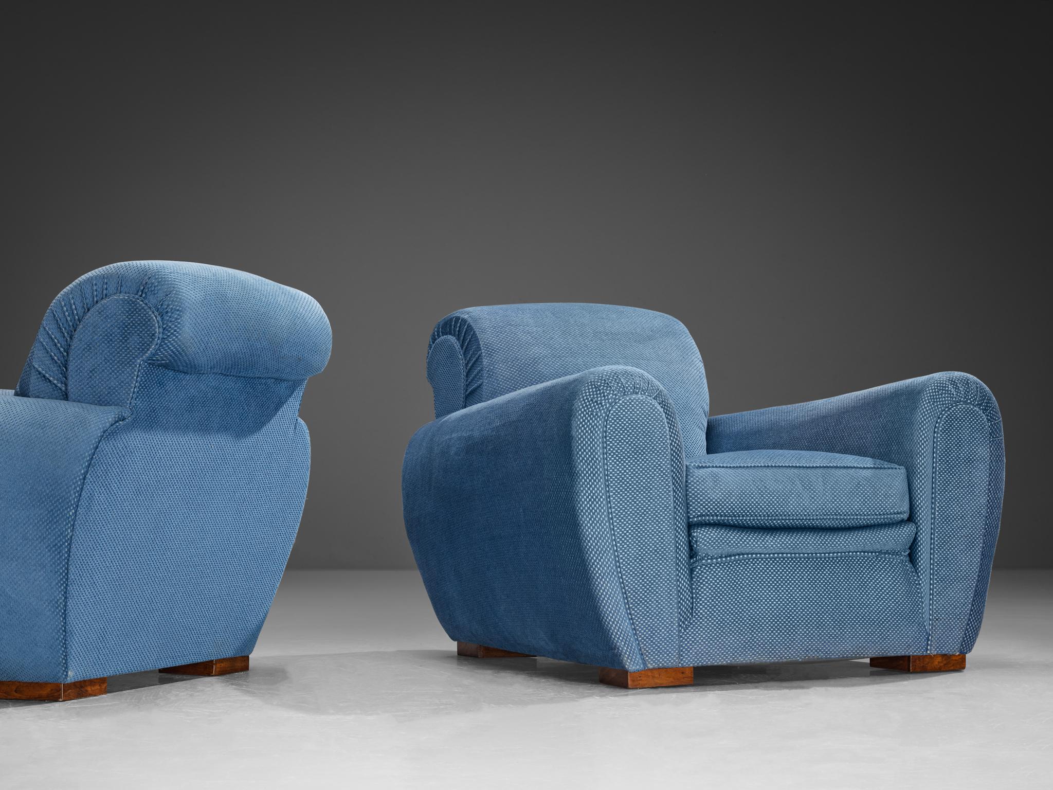 French Art Deco Pair of Lounge Chairs in Blue Upholstery