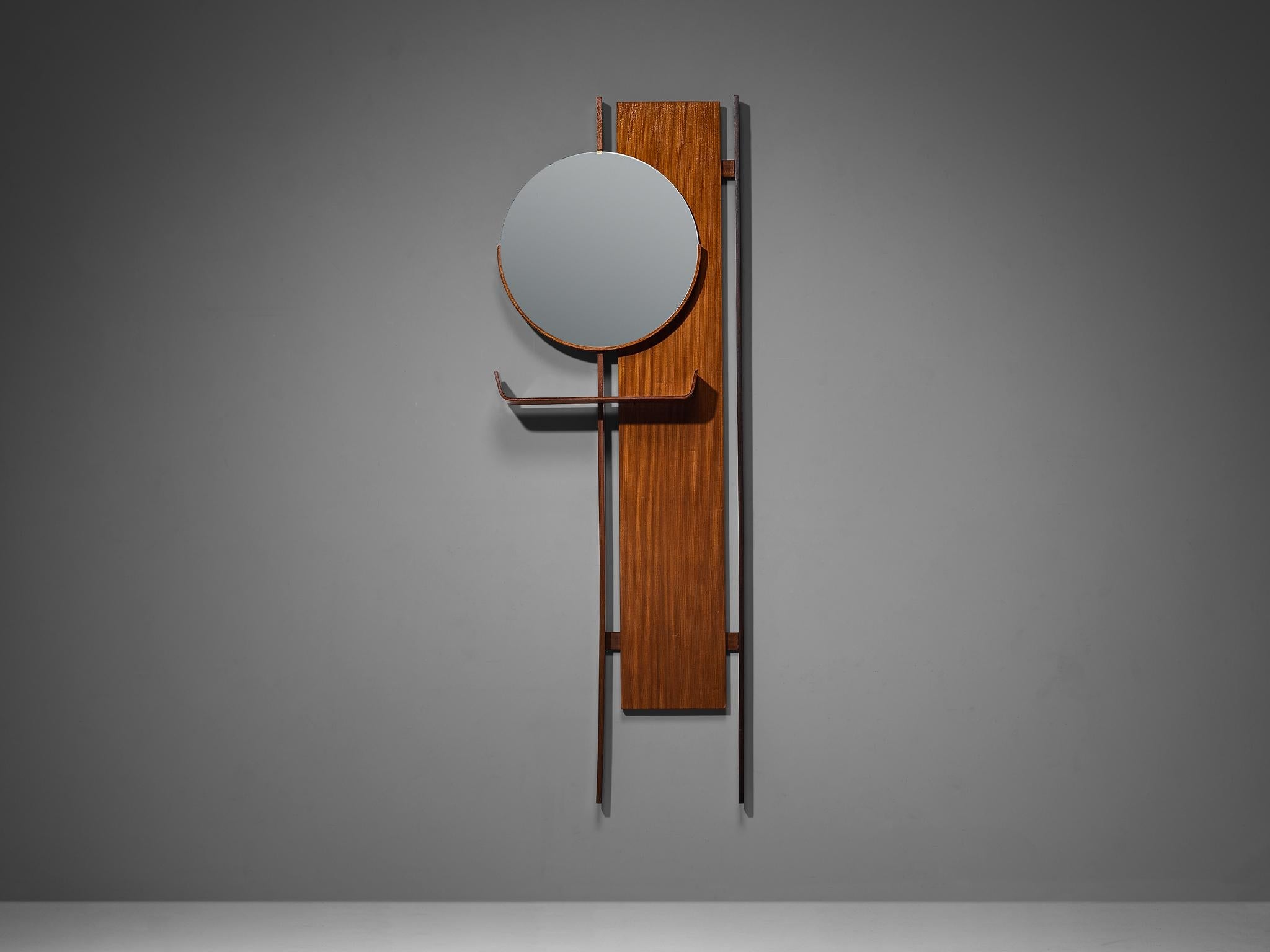 Italian Mid-Century Modern Wall-Mounted Mirror with Shelf in Teak