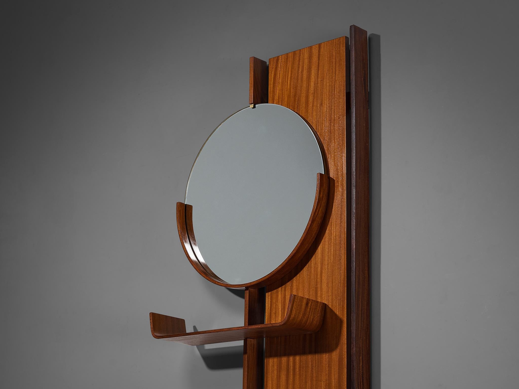 Italian Mid-Century Modern Wall-Mounted Mirror with Shelf in Teak