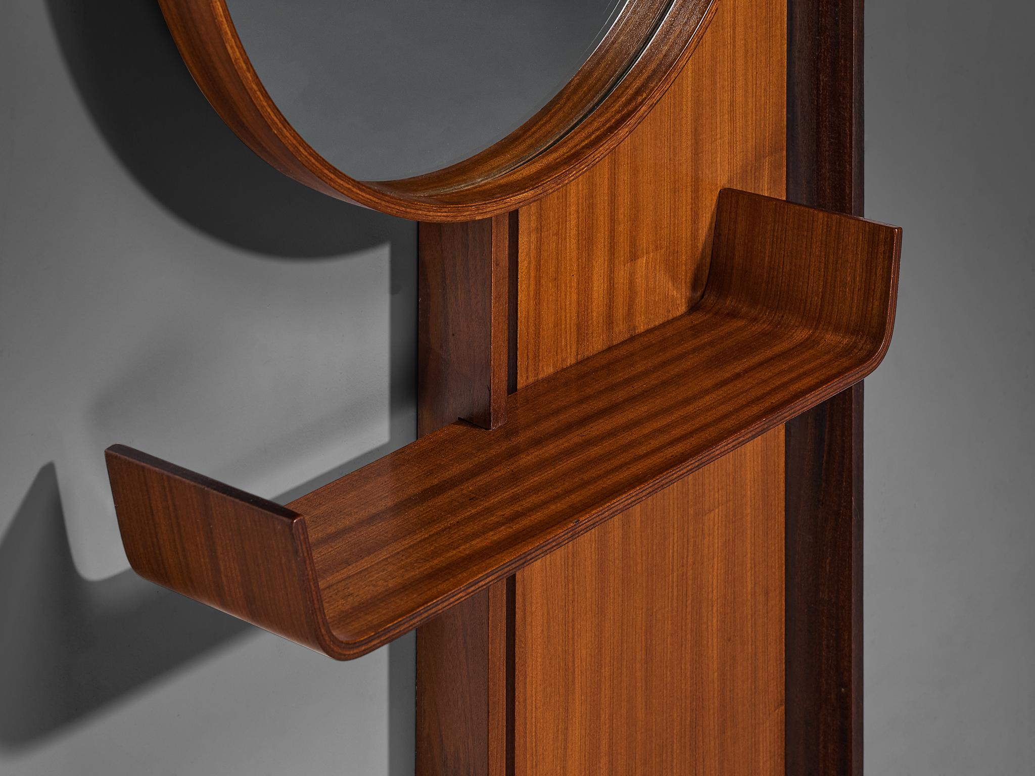 Italian Mid-Century Modern Wall-Mounted Mirror with Shelf in Teak