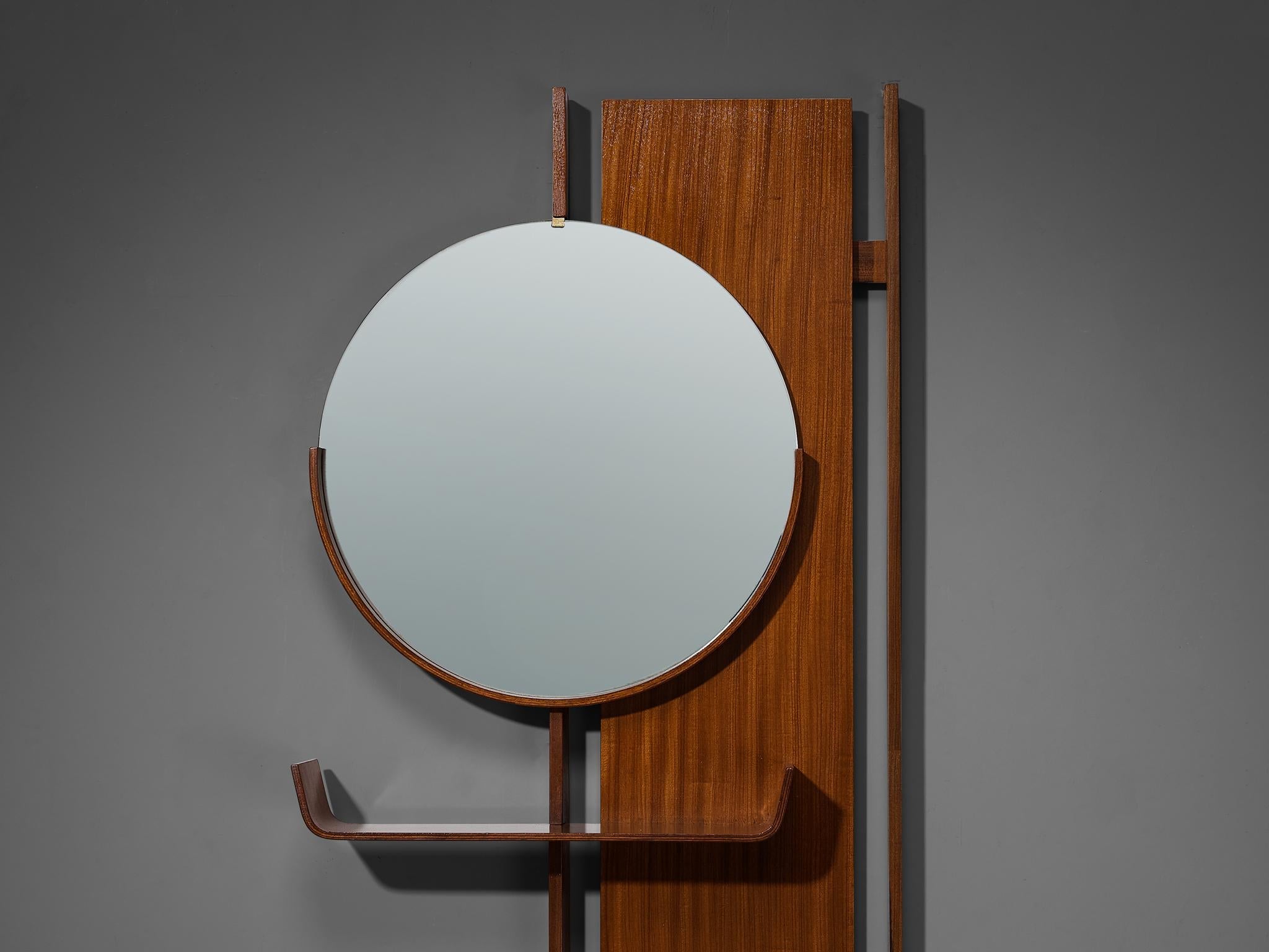 Italian Mid-Century Modern Wall-Mounted Mirror with Shelf in Teak