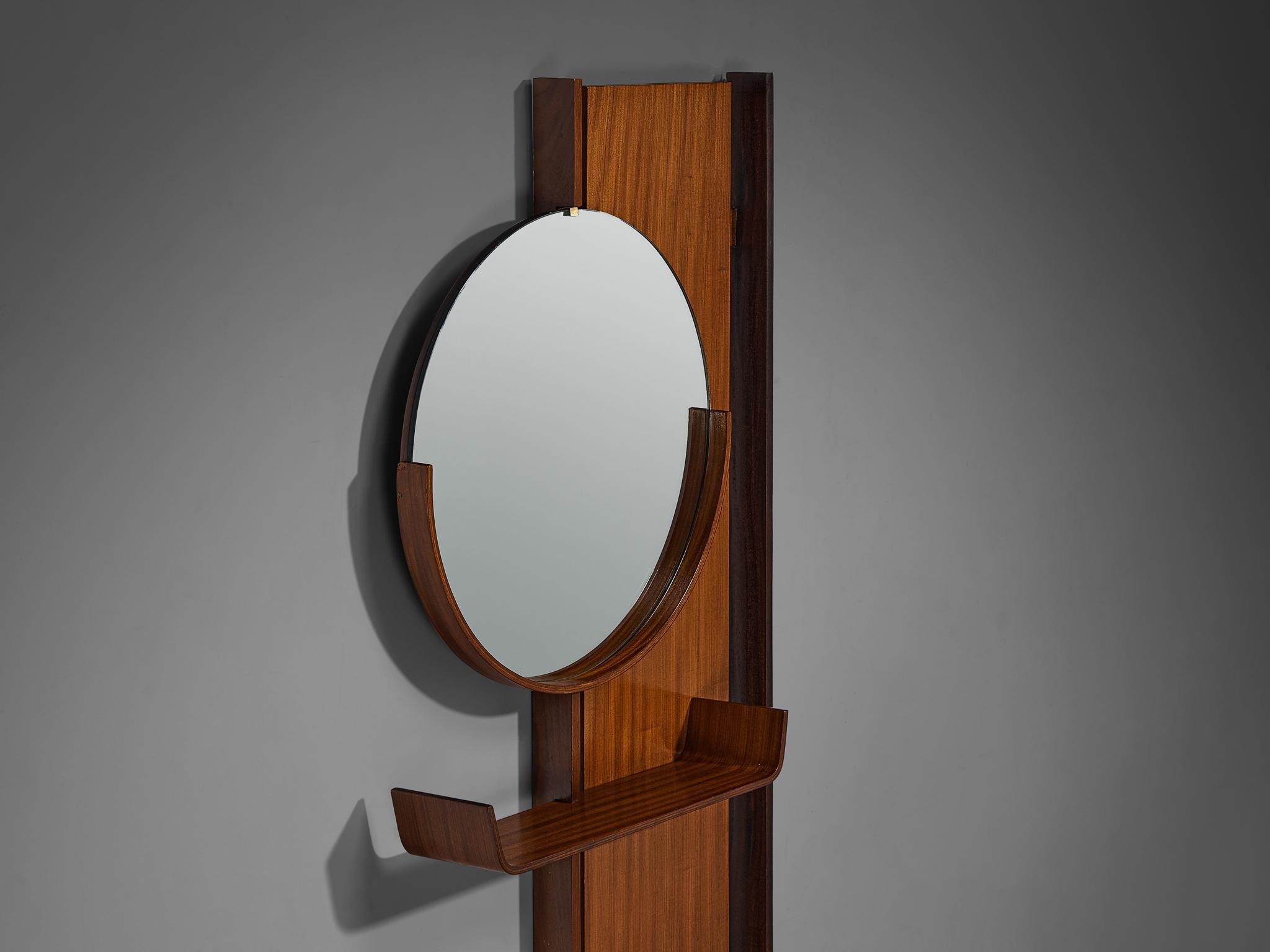 Italian Mid-Century Modern Wall-Mounted Mirror with Shelf in Teak