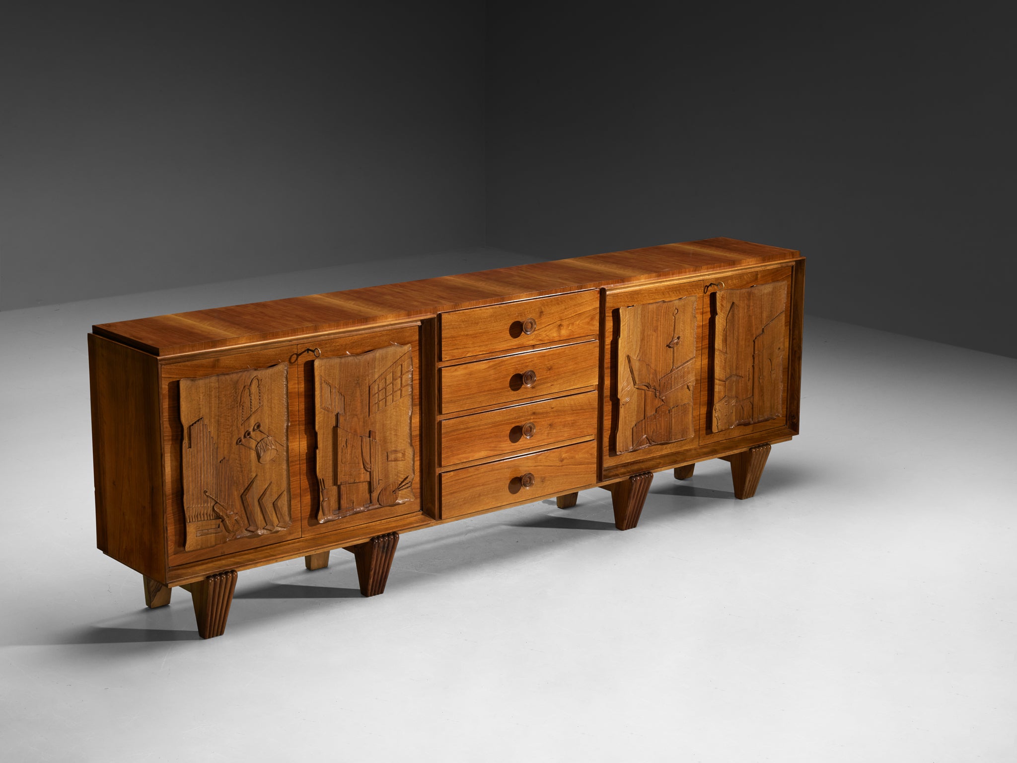 1940s Italian Sideboard in Walnut with Decorative Carvings by Artisan Maker