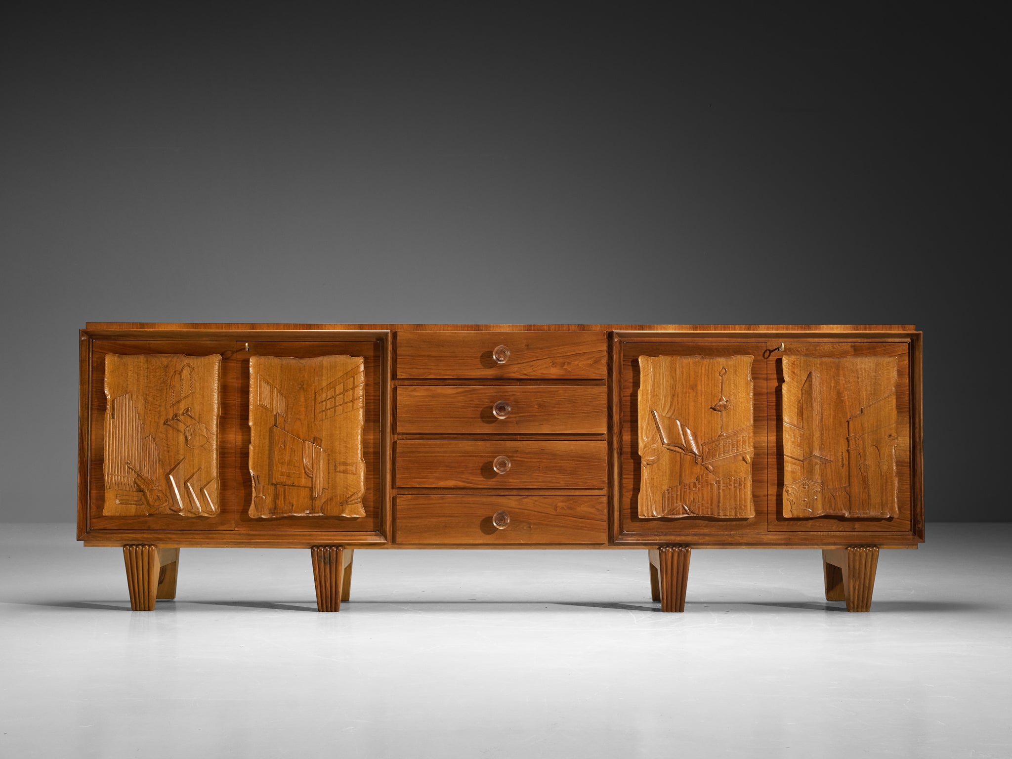 1940s Italian Sideboard in Walnut with Decorative Carvings by Artisan Maker