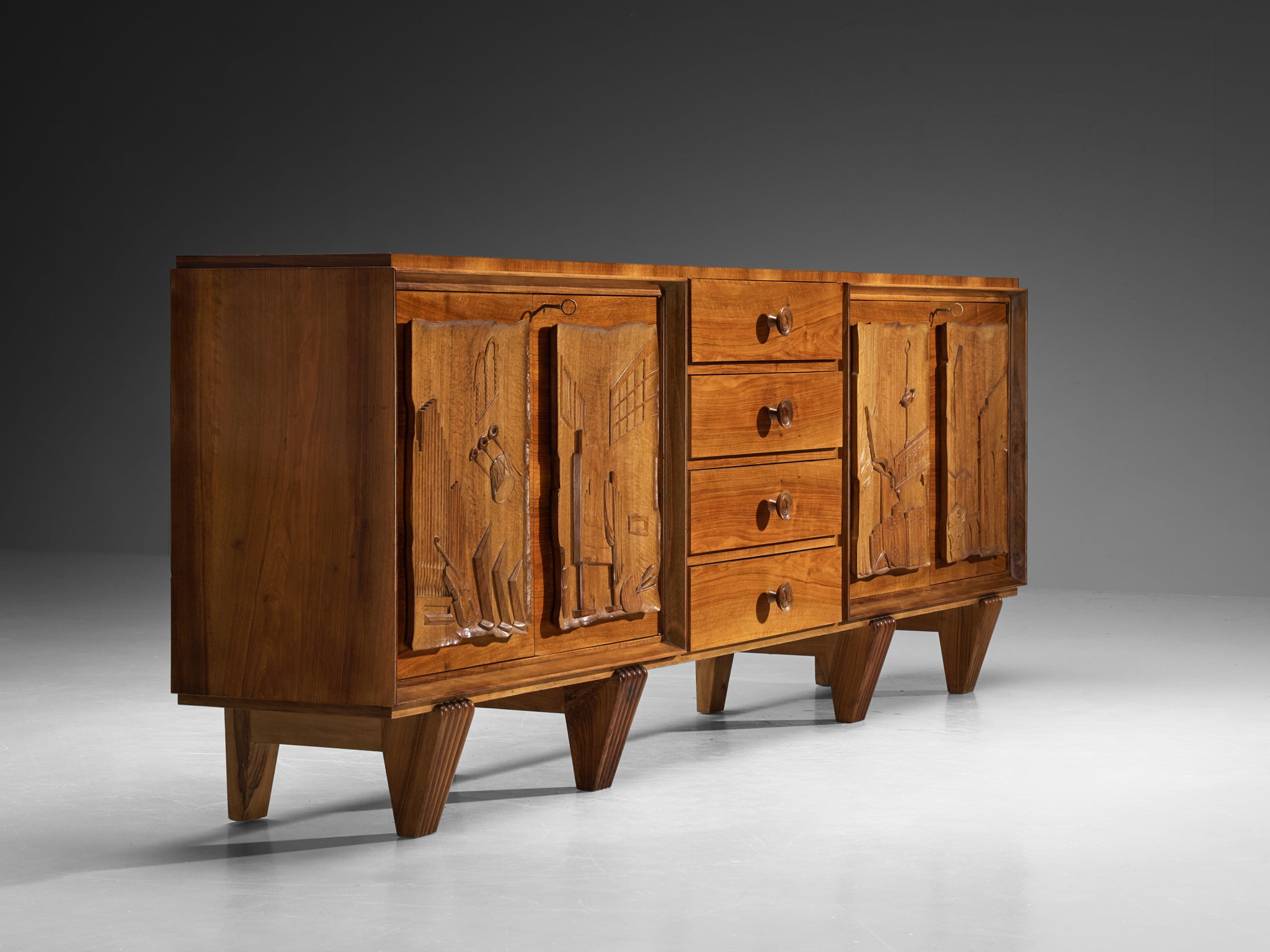 1940s Italian Sideboard in Walnut with Decorative Carvings by Artisan Maker