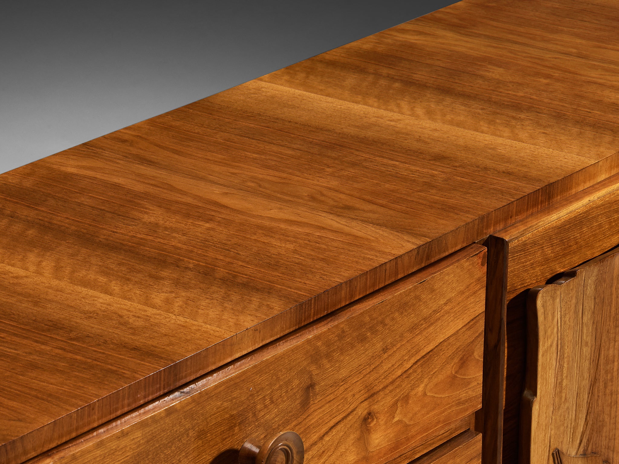 1940s Italian Sideboard in Walnut with Decorative Carvings by Artisan Maker