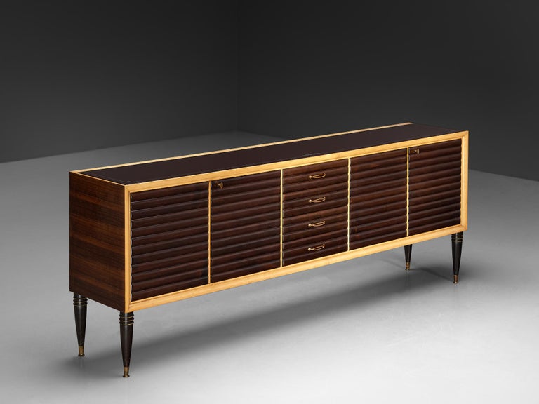 Italian Art Deco Sideboard in Walnut Maple Mahogany Glass and Brass