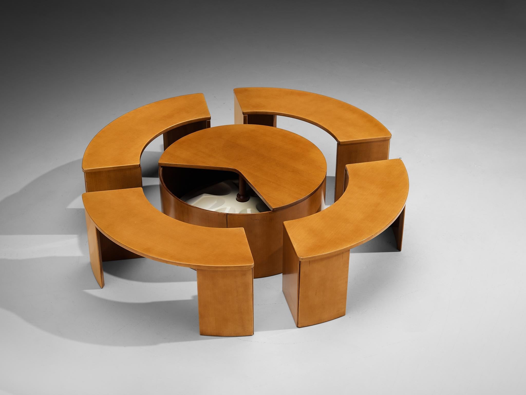 Modular Italian Coffee Table with Benches in Cherry with Integrated Bar