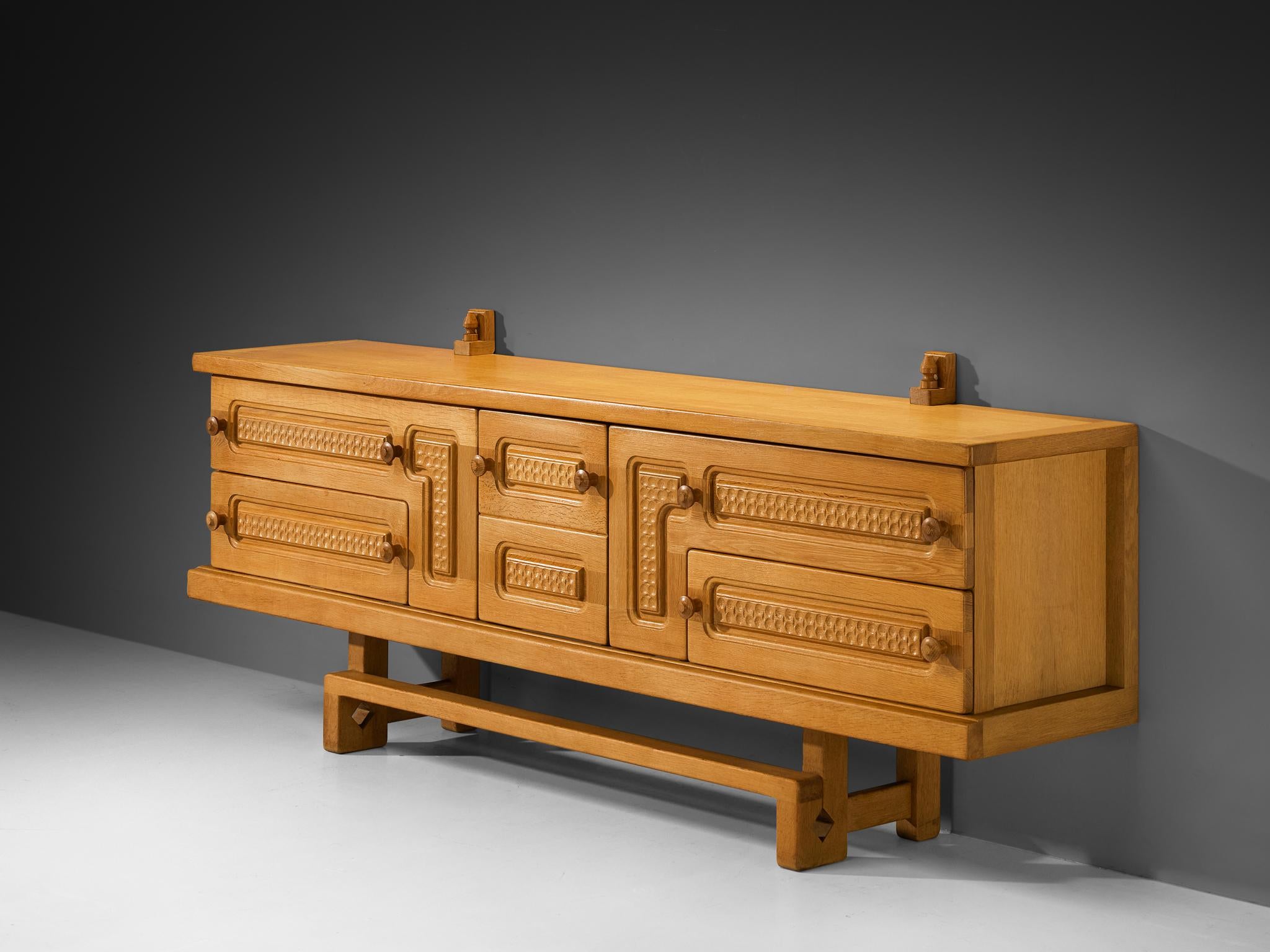 Guillerme & Chambron Angular Carved Sideboard in Solid Oak and Glass