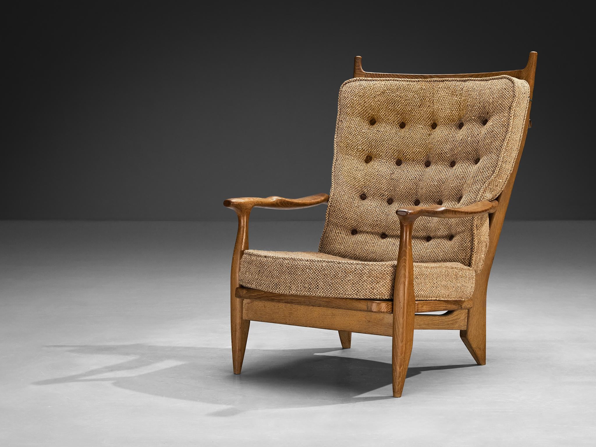 Guillerme & Chambron Lounge Chair in Solid Oak and Beige Wool