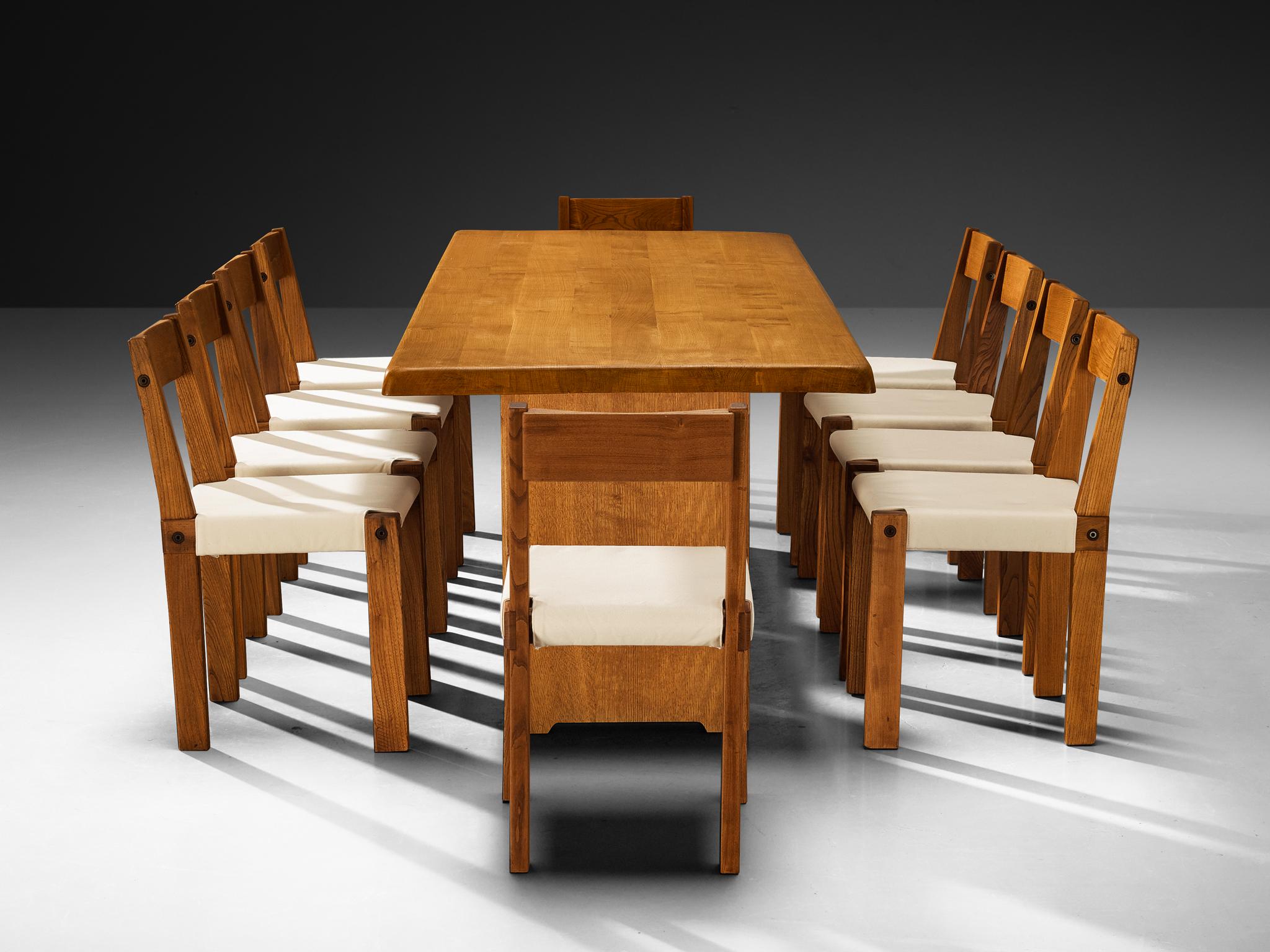 Early Pierre Chapo Set of Ten S24 Dining Chairs with T14D Dining Table Elm