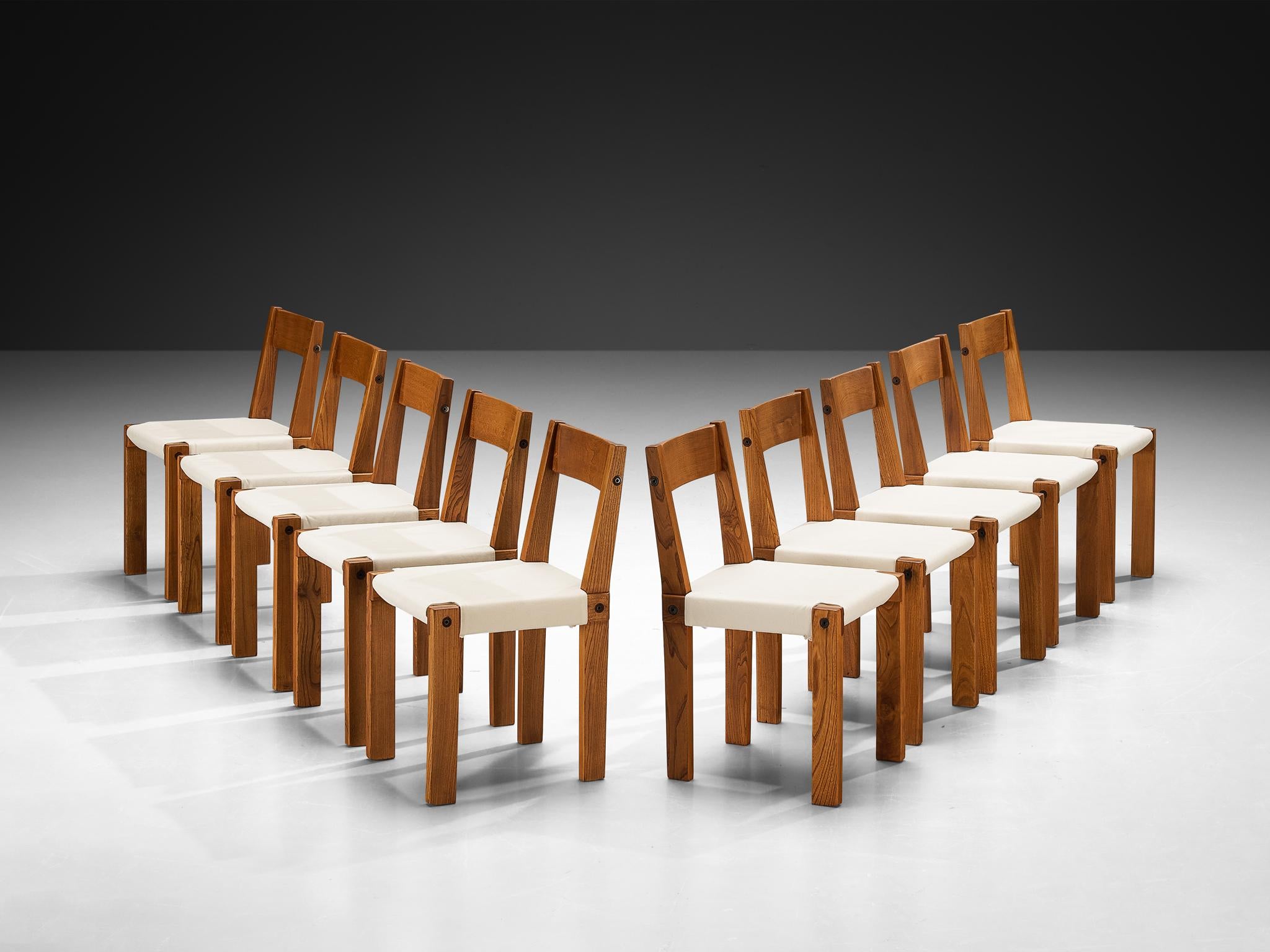 Early Pierre Chapo Set of Ten S24 Dining Chairs with T14D Dining Table Elm