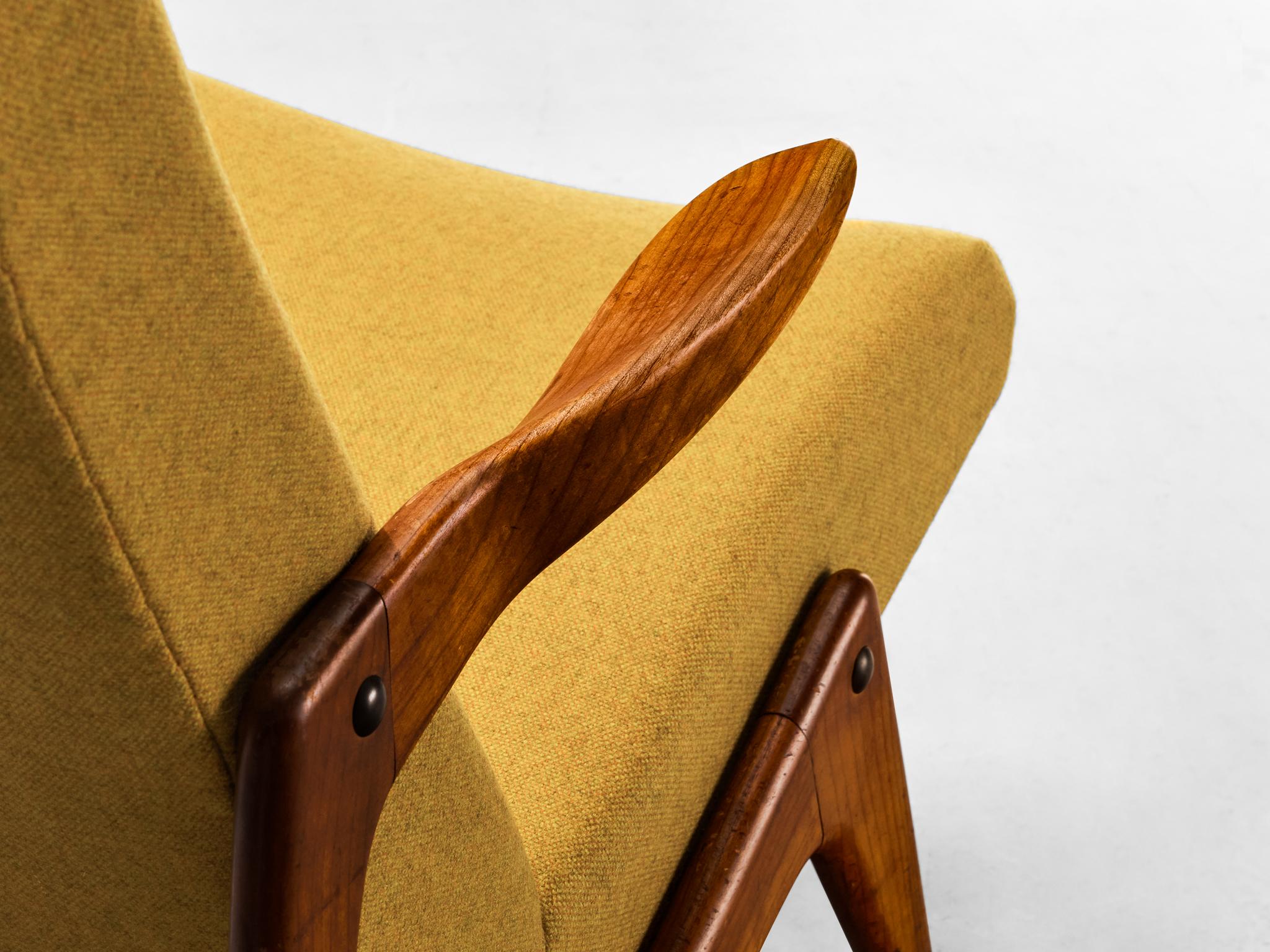 Mid-Century Modern Sculptural Belgian Lounge Chair in Cherry & Ochre Fabric
