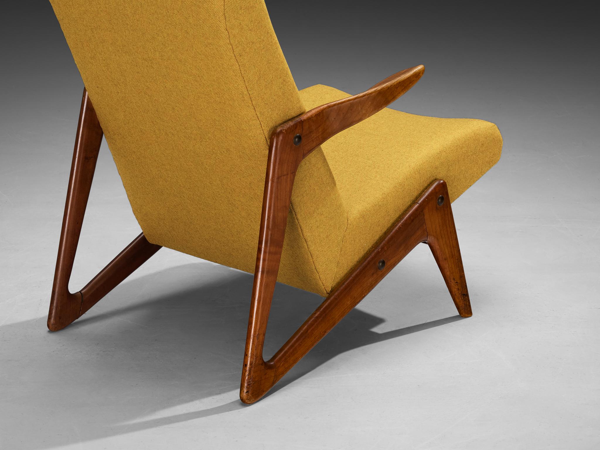 Mid-Century Modern Sculptural Belgian Lounge Chair in Cherry & Ochre Fabric