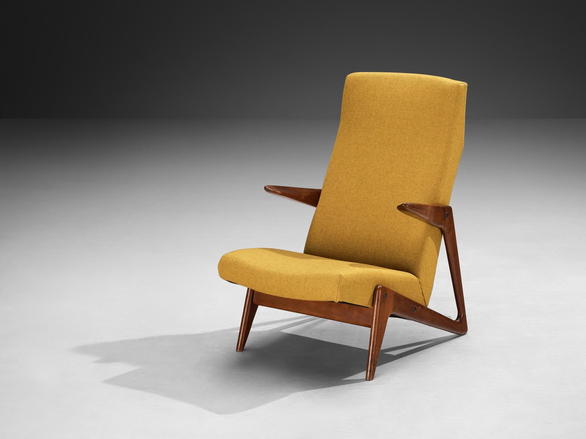 Mid-Century Modern Sculptural Belgian Lounge Chair in Cherry & Ochre Fabric
