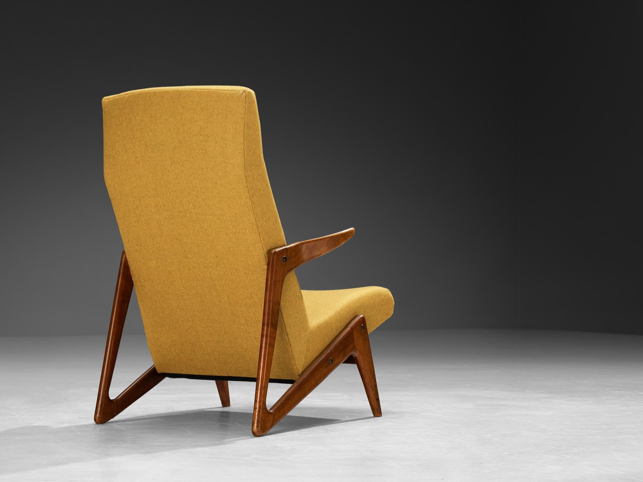 Mid-Century Modern Sculptural Belgian Lounge Chair in Cherry & Ochre Fabric