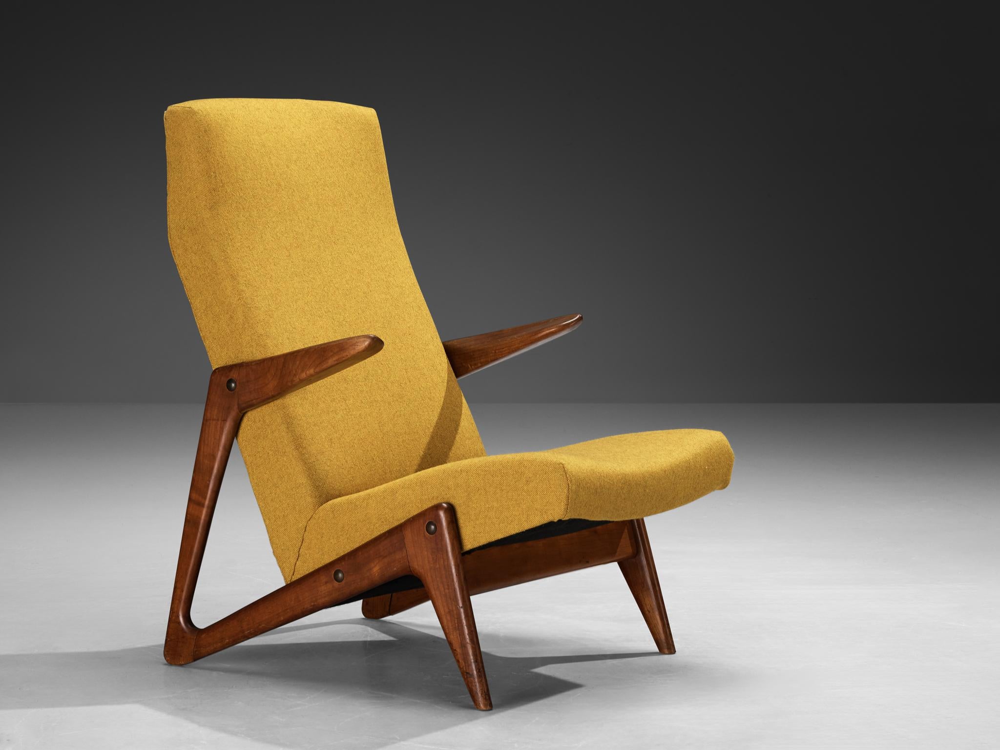 Mid-Century Modern Sculptural Belgian Lounge Chair in Cherry & Ochre Fabric