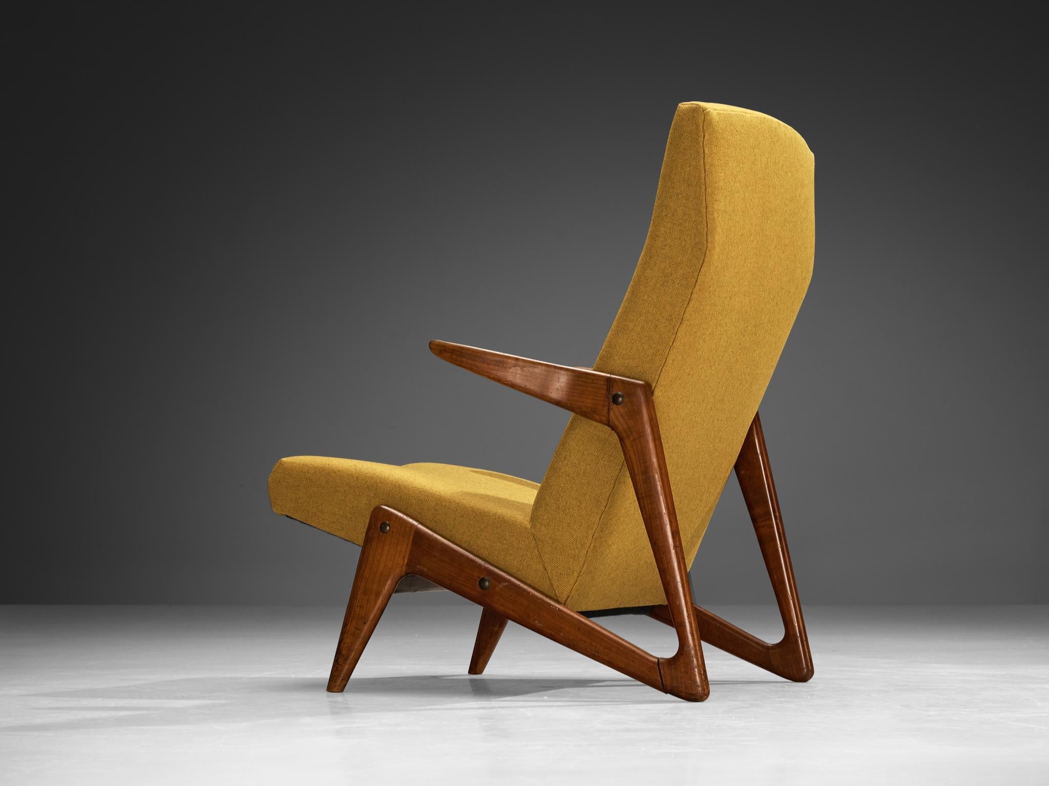 Mid-Century Modern Sculptural Belgian Lounge Chair in Cherry & Ochre Fabric