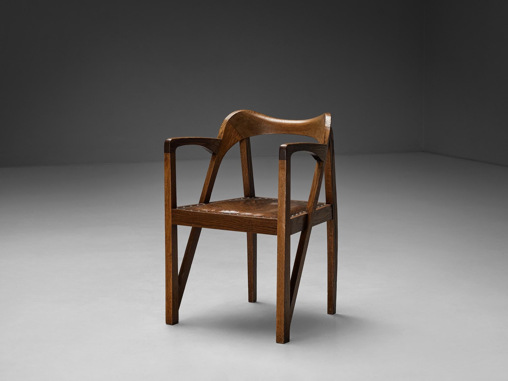 Jugendstil Sculptural Armchair in Oak Leather and Brass 1900-1910