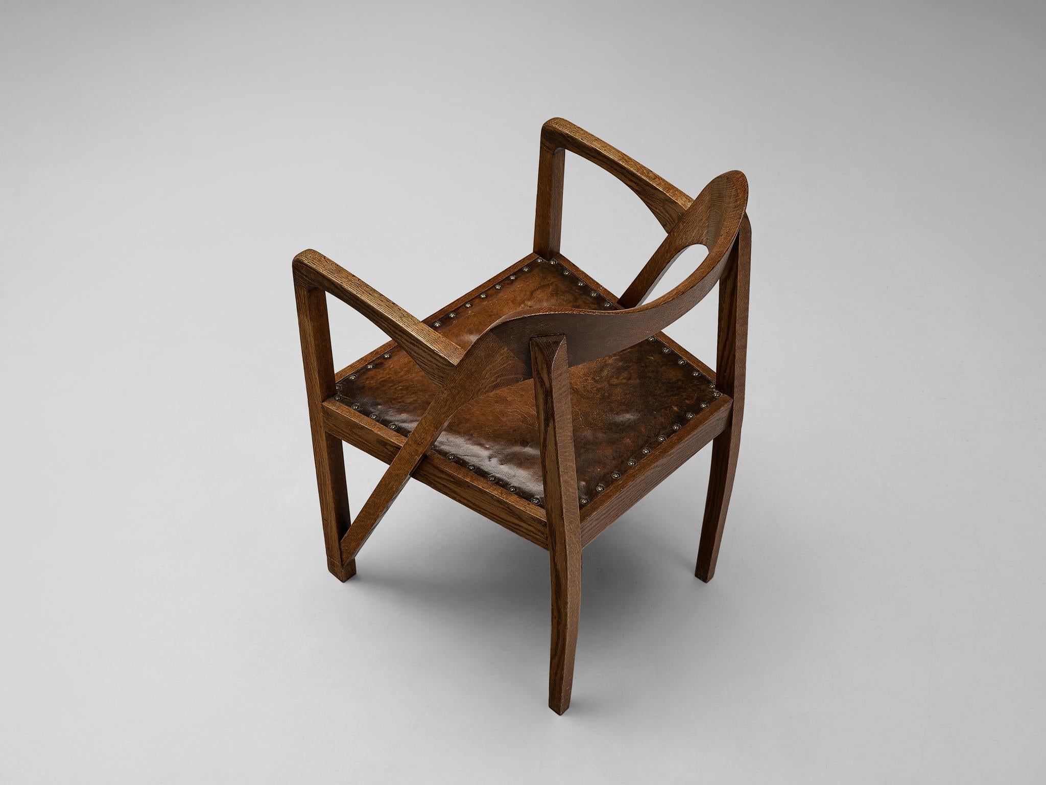 Jugendstil Sculptural Armchair in Oak Leather and Brass 1900-1910