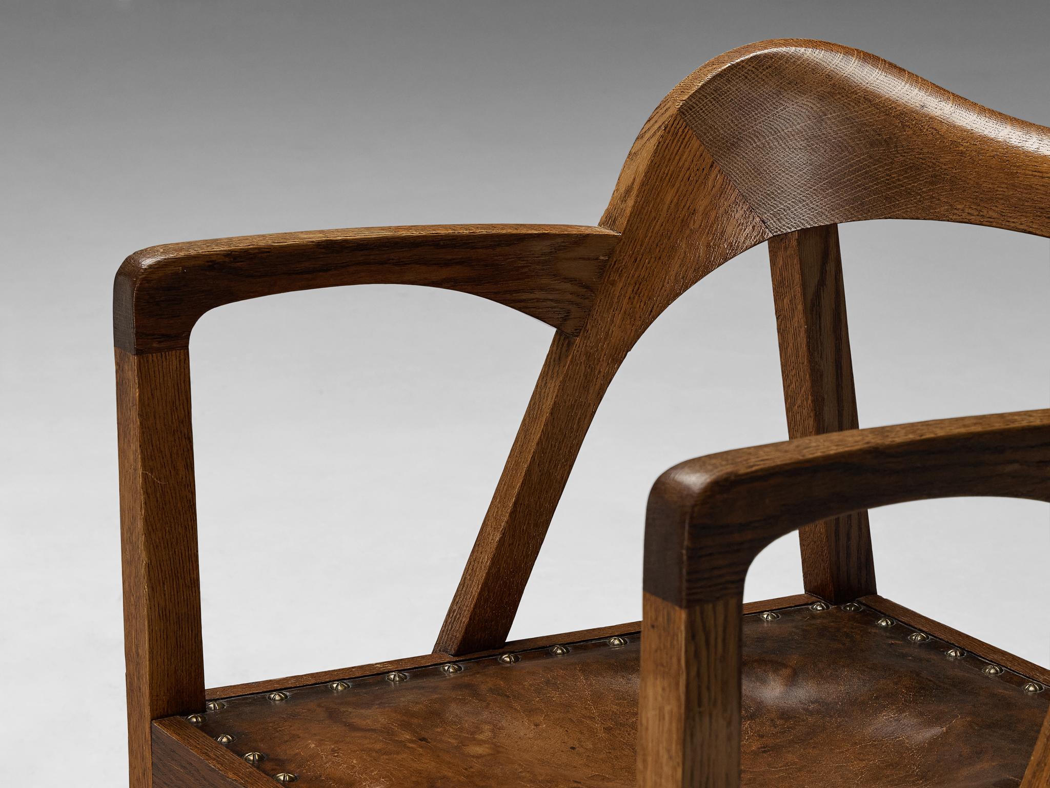 Jugendstil Sculptural Armchair in Oak Leather and Brass 1900-1910