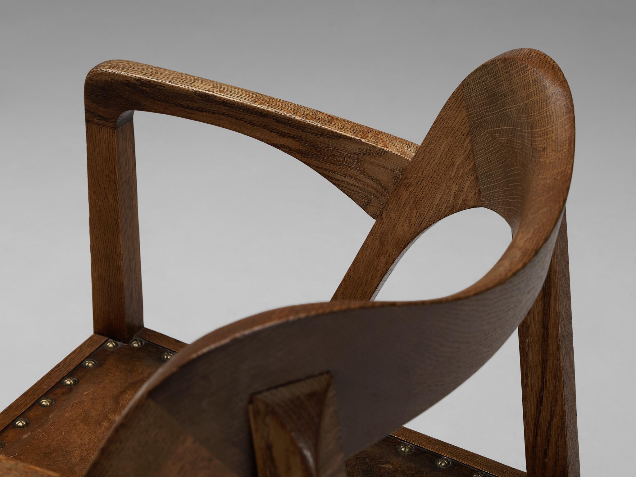 Jugendstil Sculptural Armchair in Oak Leather and Brass 1900-1910