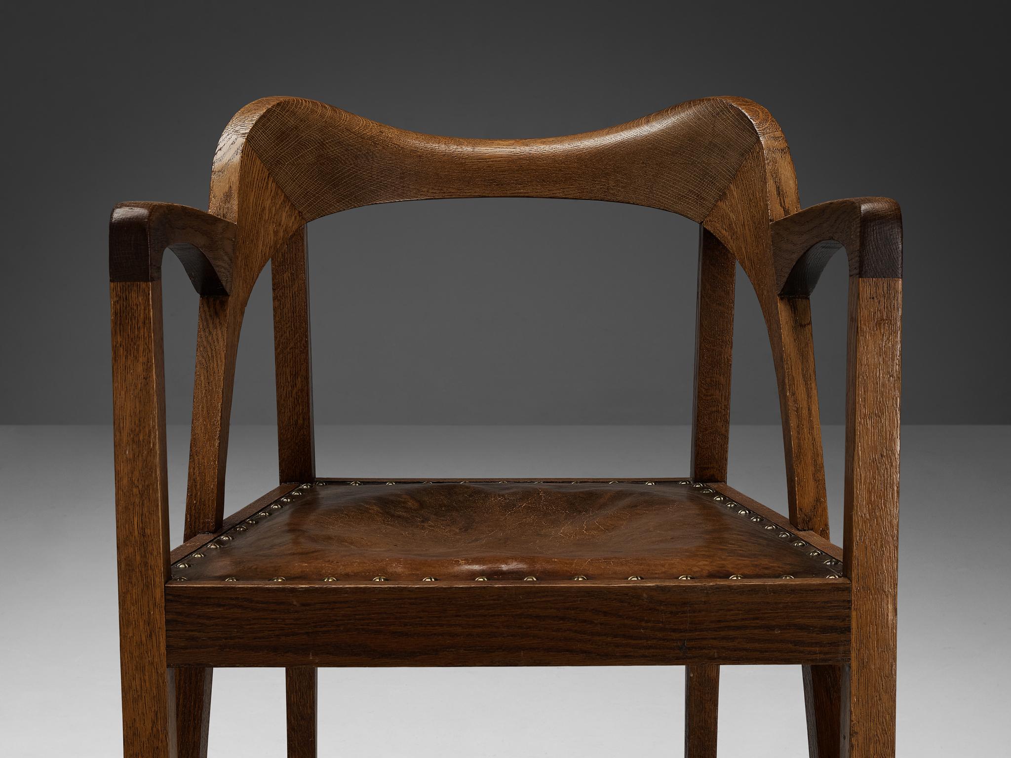 Jugendstil Sculptural Armchair in Oak Leather and Brass 1900-1910