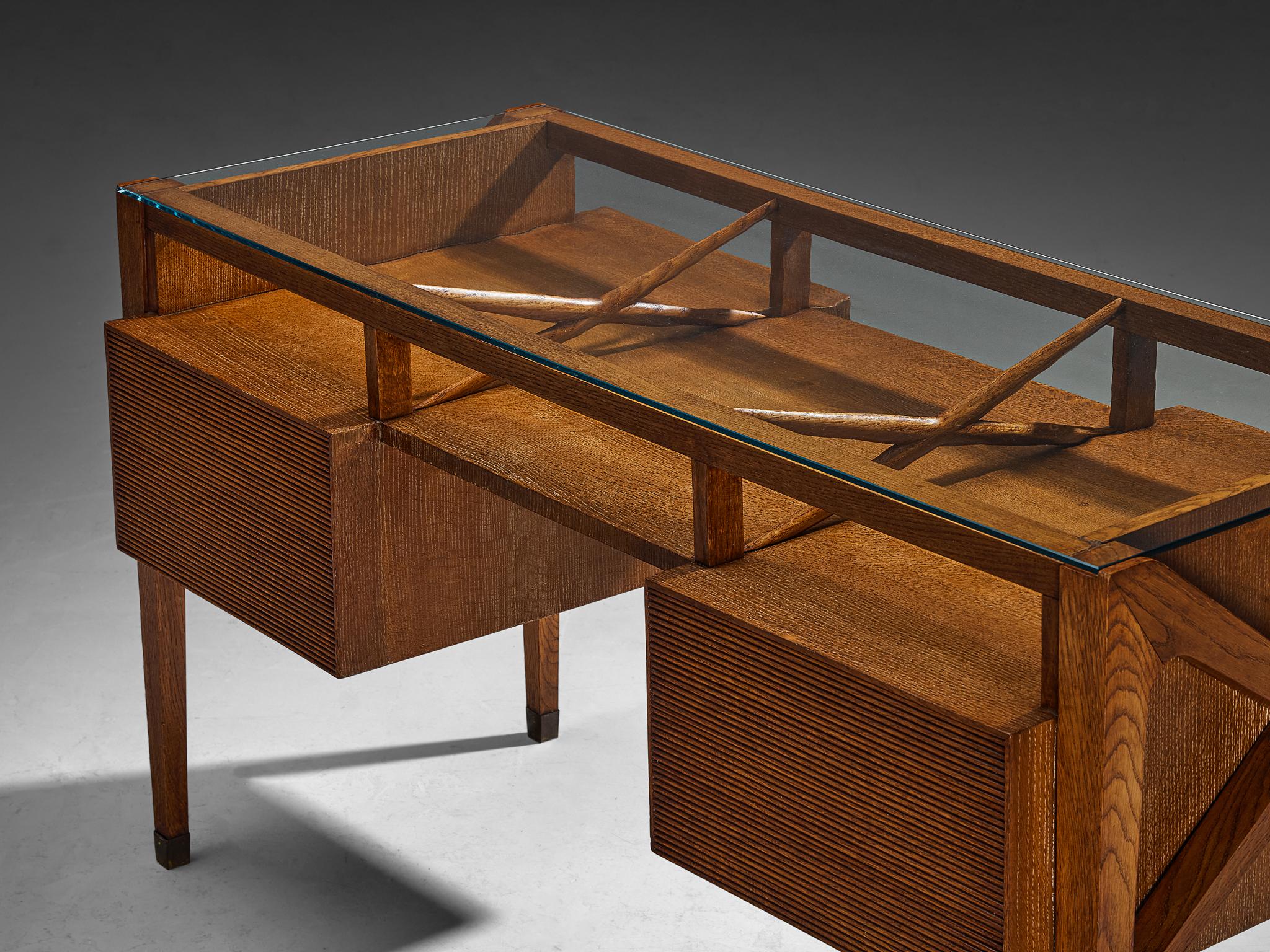 1940s Italian Art Deco Desk with Grissinato Carvings in Oak Brass Glas