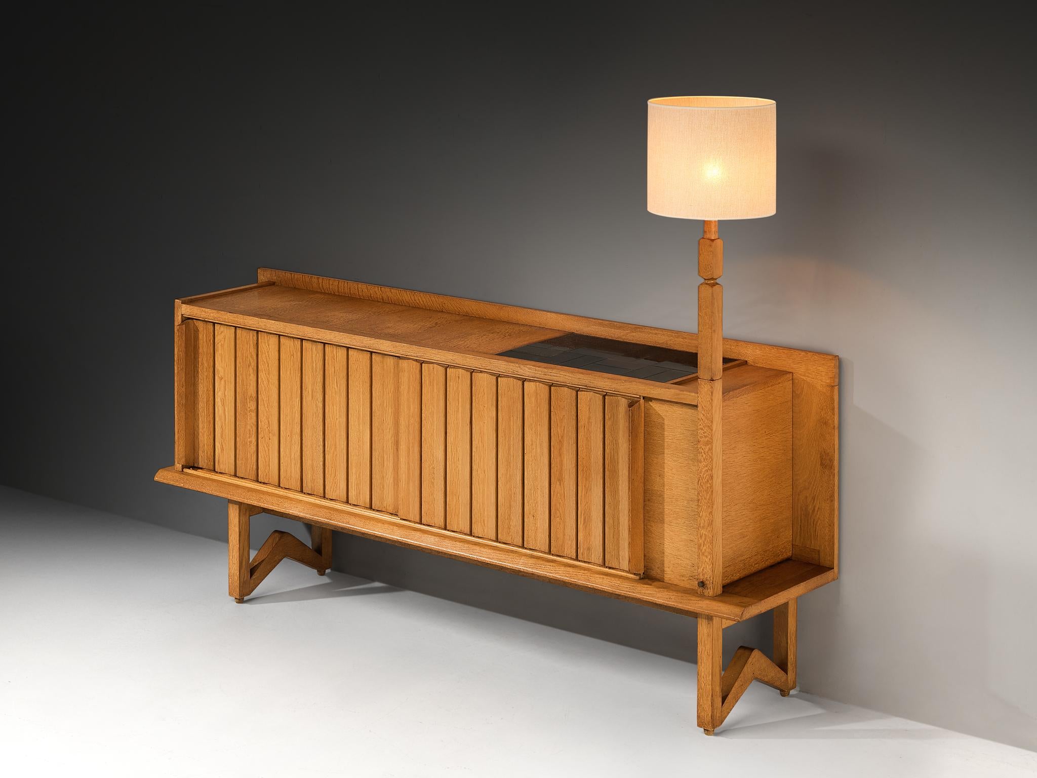 Guillerme & Chambron Sideboard in Solid Oak and Ceramic with Lamp