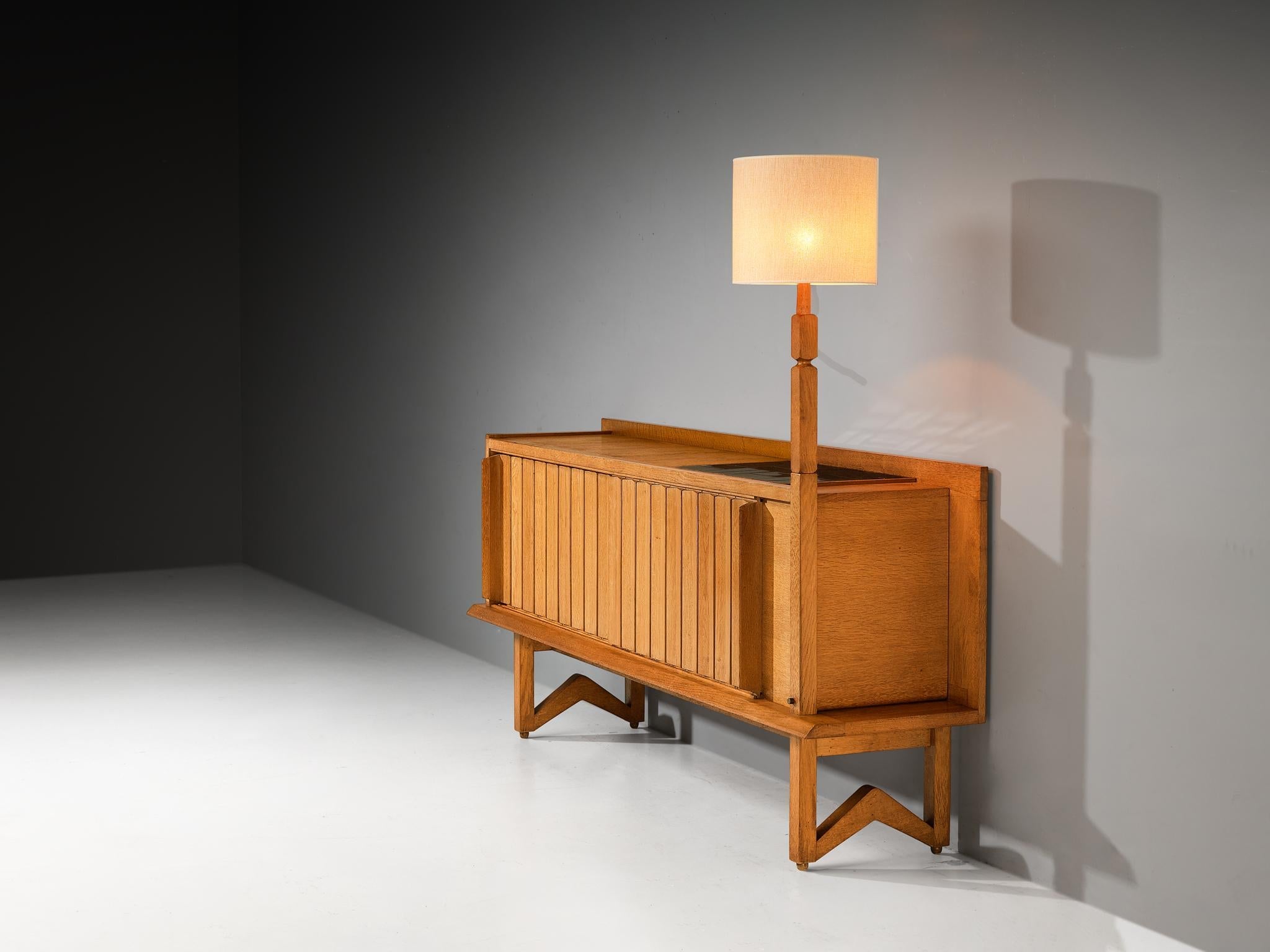 Guillerme & Chambron Sideboard in Solid Oak and Ceramic with Lamp