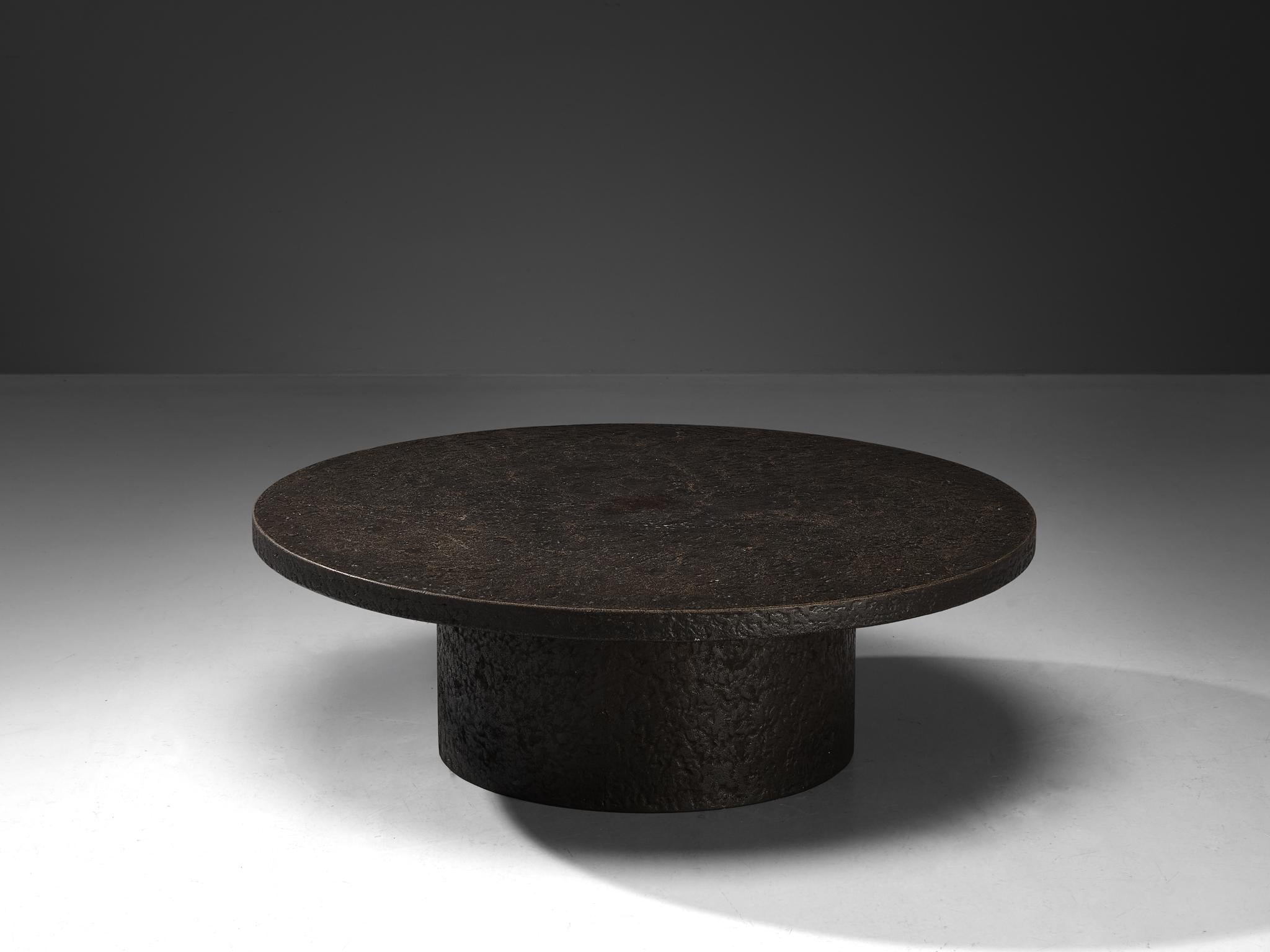 Brutalist Round Coffee Table in Black Stone Look Resin