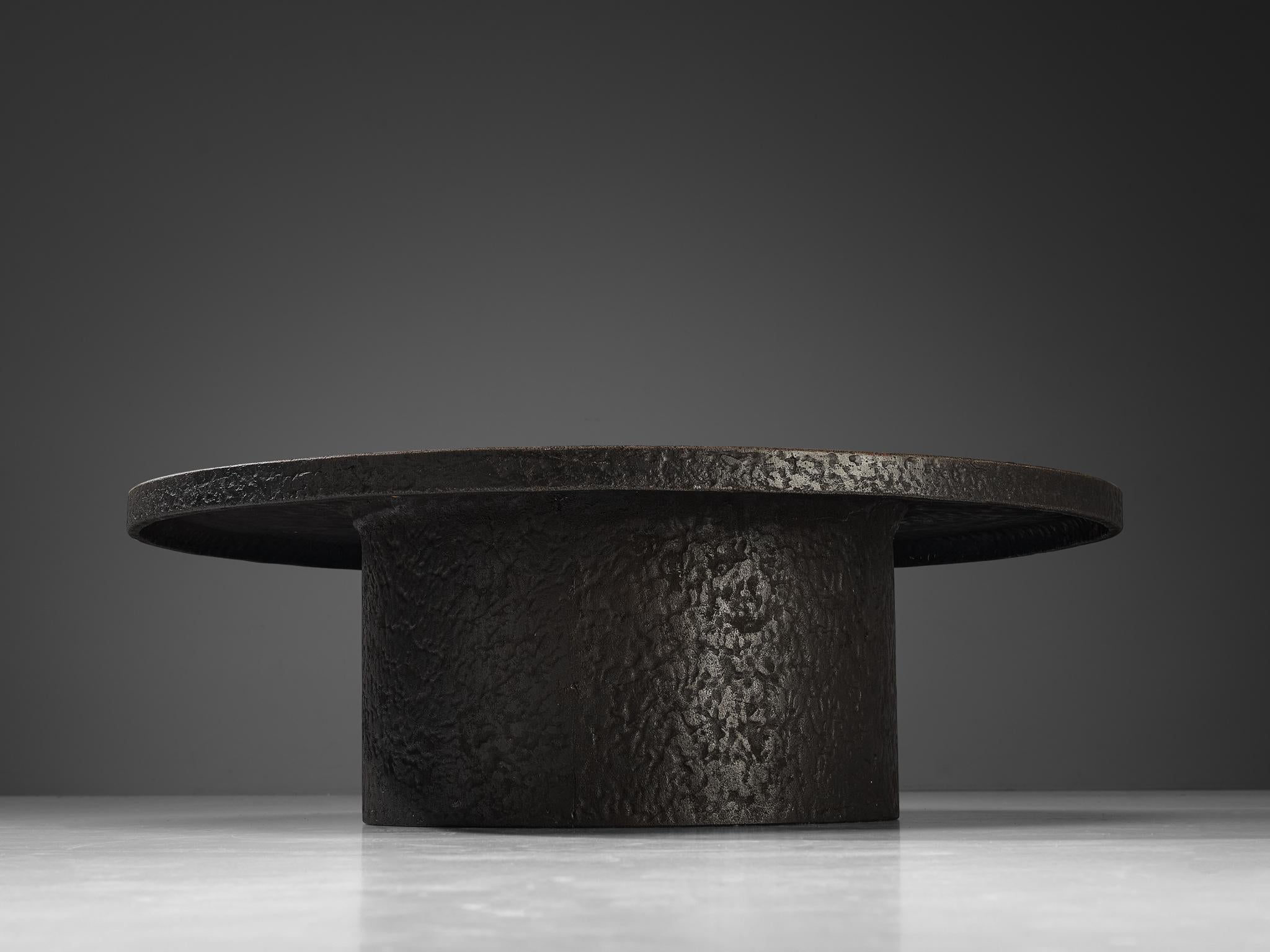 Brutalist Round Coffee Table in Black Stone Look Resin