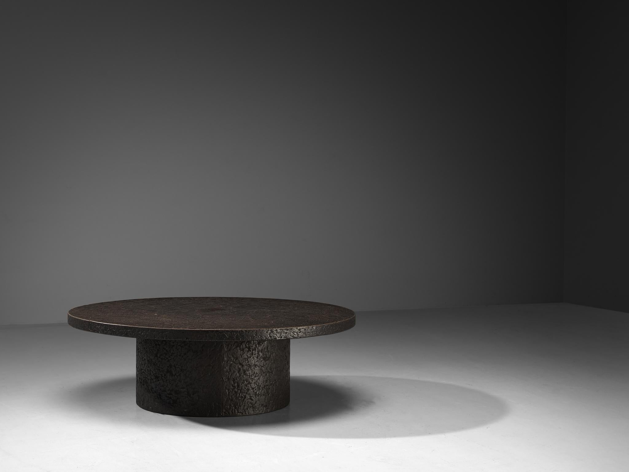 Brutalist Round Coffee Table in Black Stone Look Resin