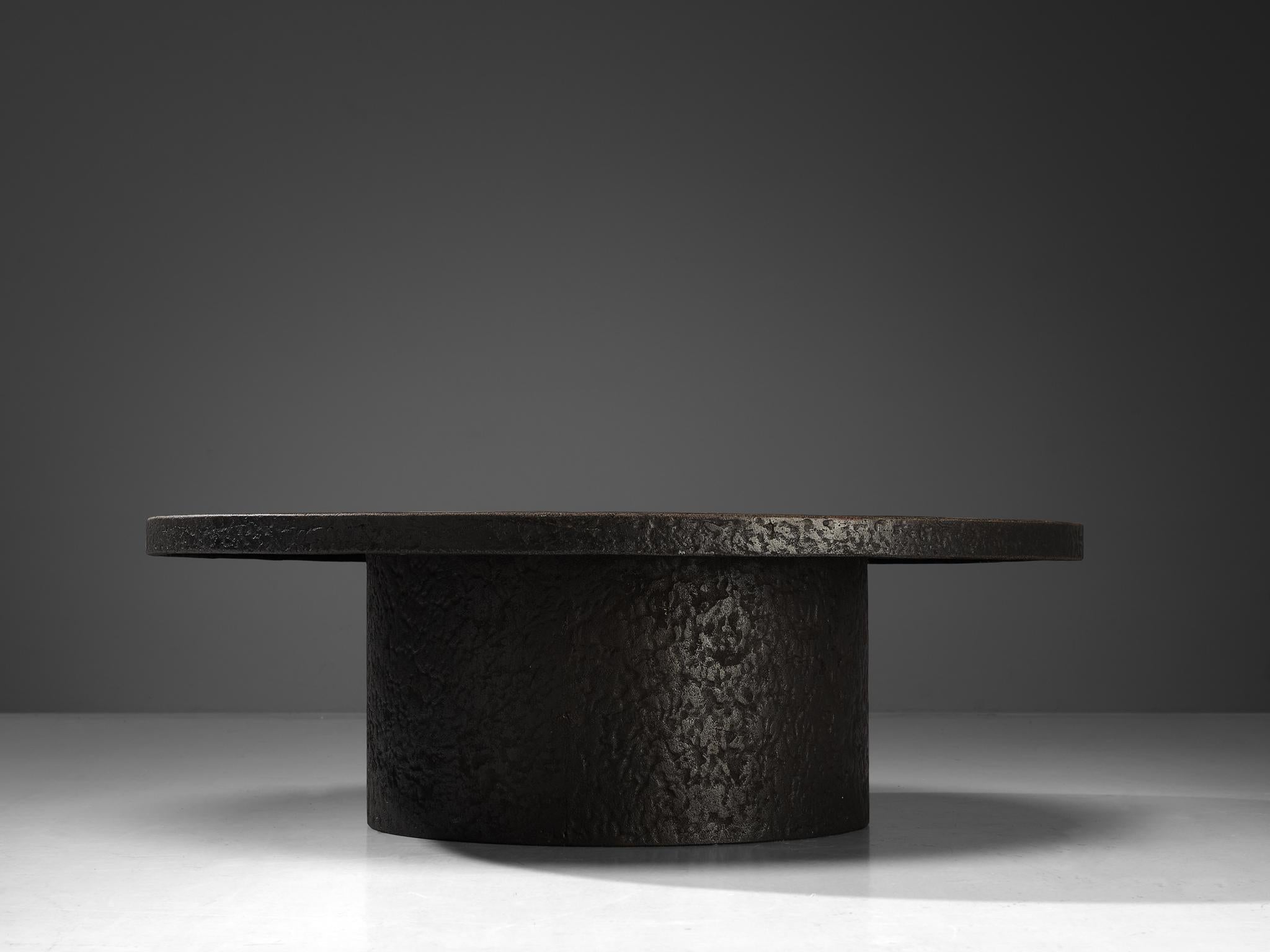 Brutalist Round Coffee Table in Black Stone Look Resin