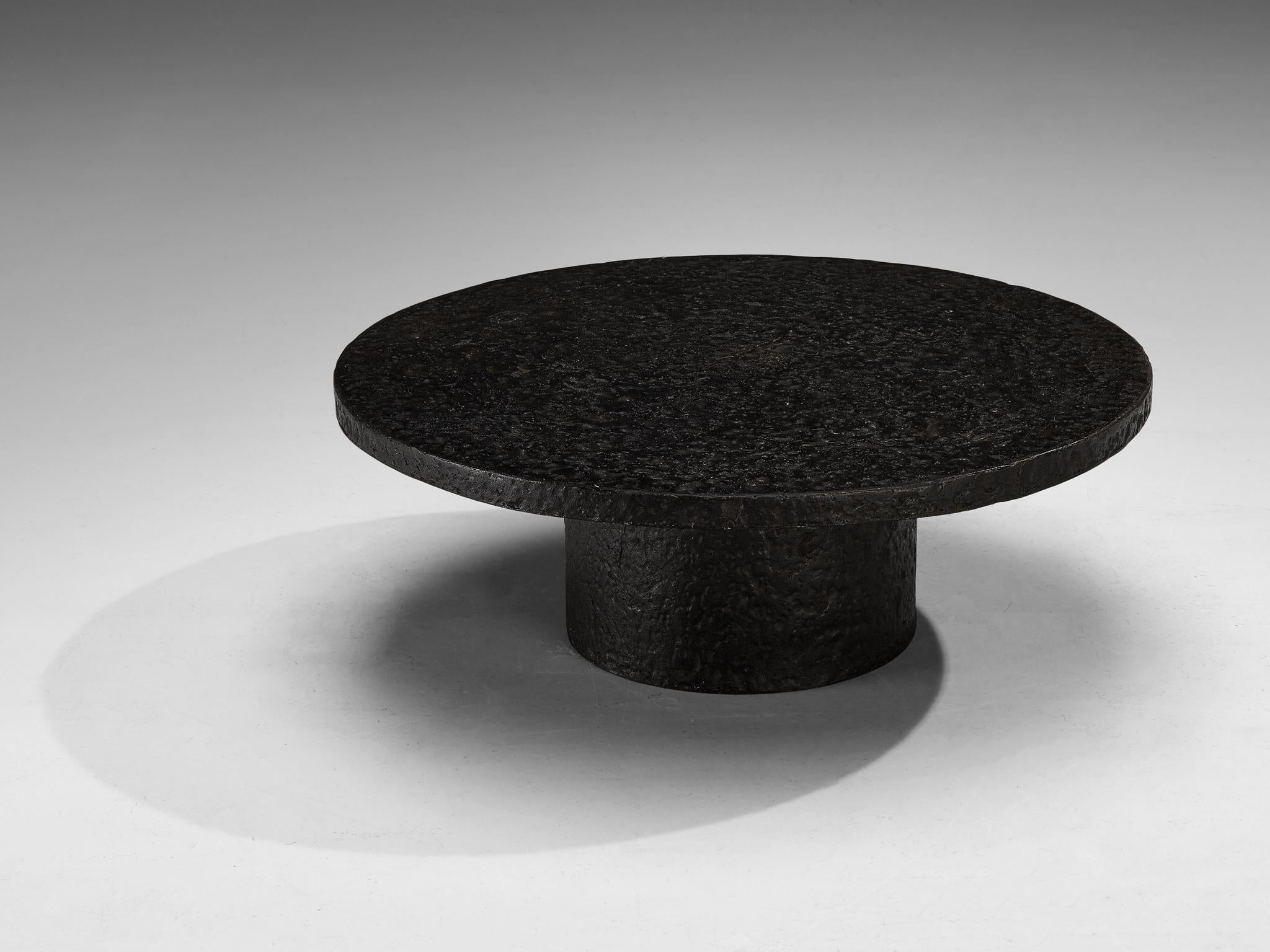 Brutalist Round Coffee Table in Black Stone Look Resin