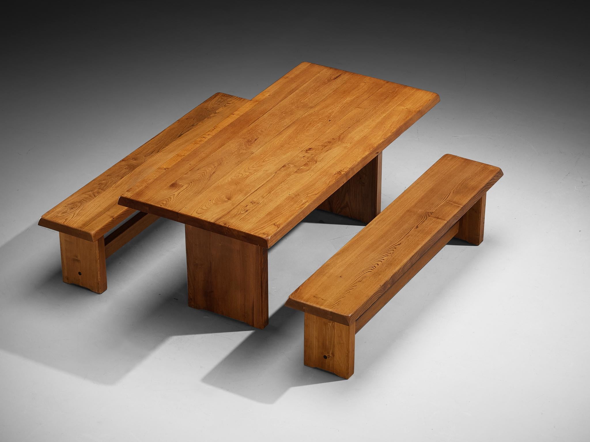 Early Pierre Chapo Dining Set 'T14C' Table and 'S14B' Benches in Solid Elm