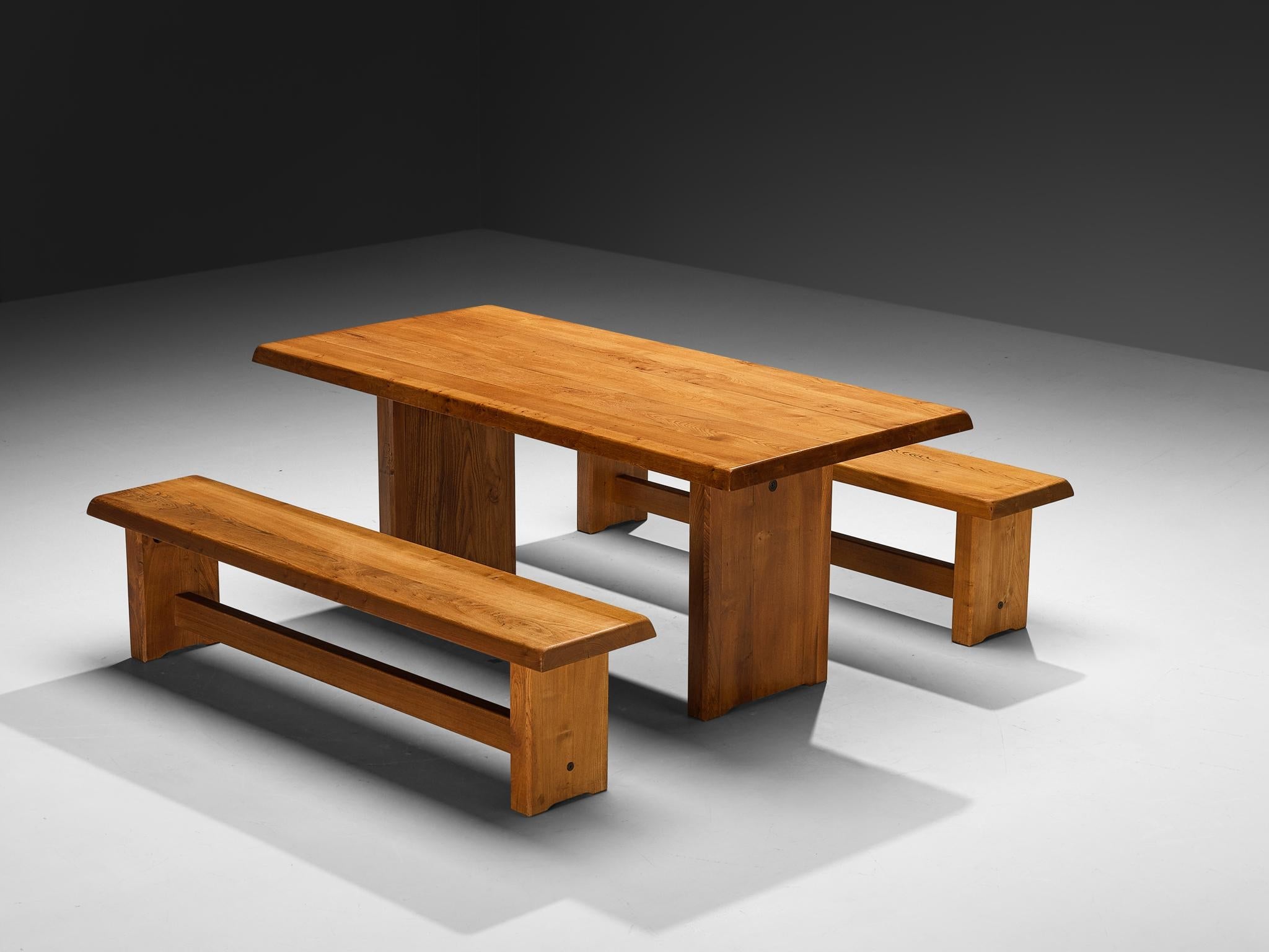 Early Pierre Chapo Dining Set 'T14C' Table and 'S14B' Benches in Solid Elm