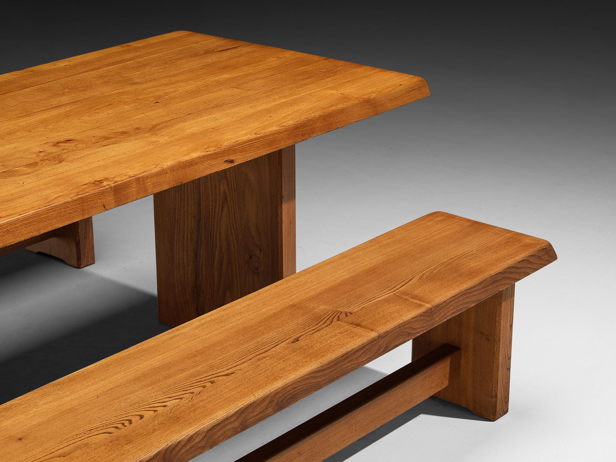 Early Pierre Chapo Dining Set 'T14C' Table and 'S14B' Benches in Solid Elm