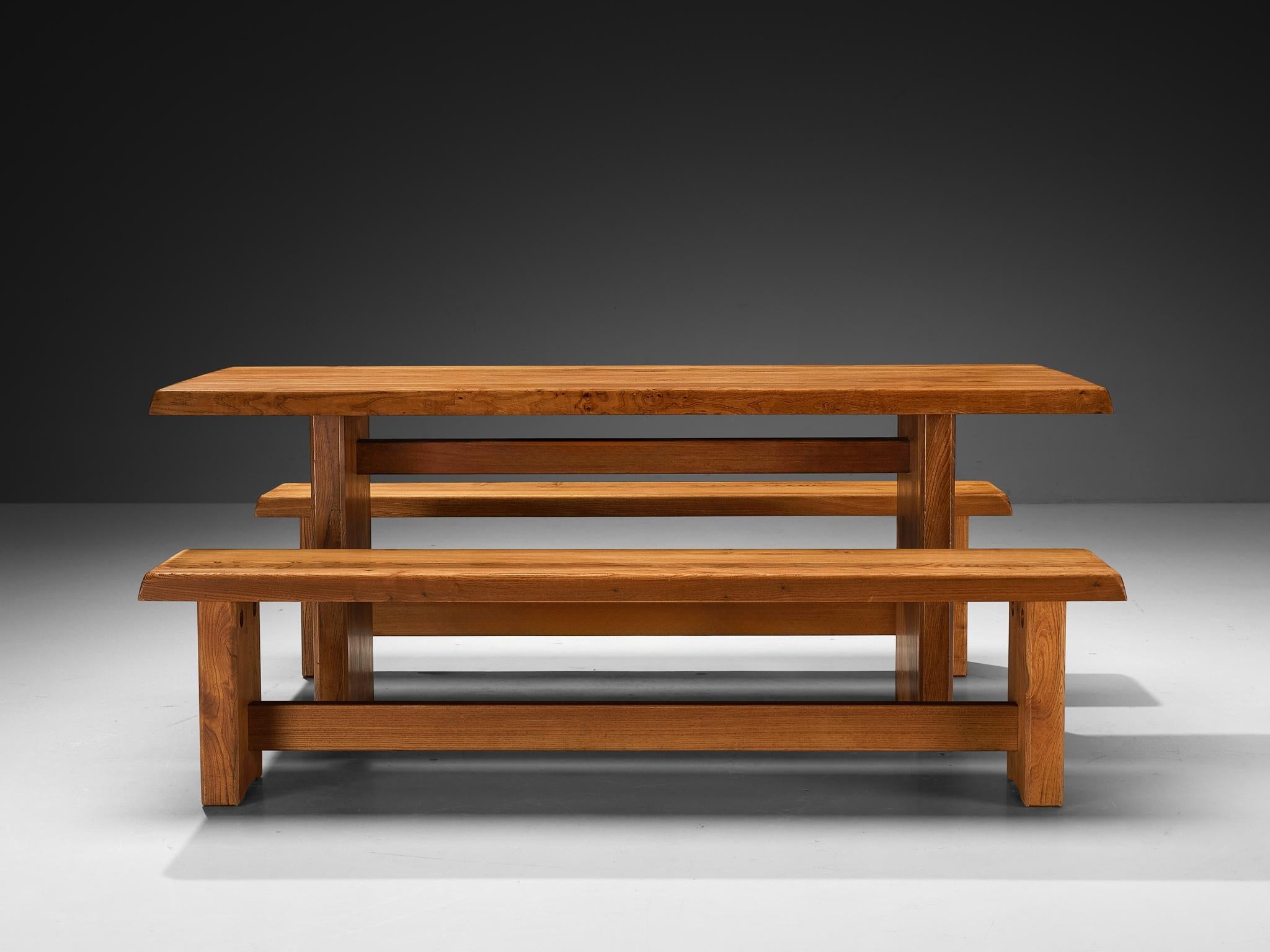 Early Pierre Chapo Dining Set 'T14C' Table and 'S14B' Benches in Solid Elm