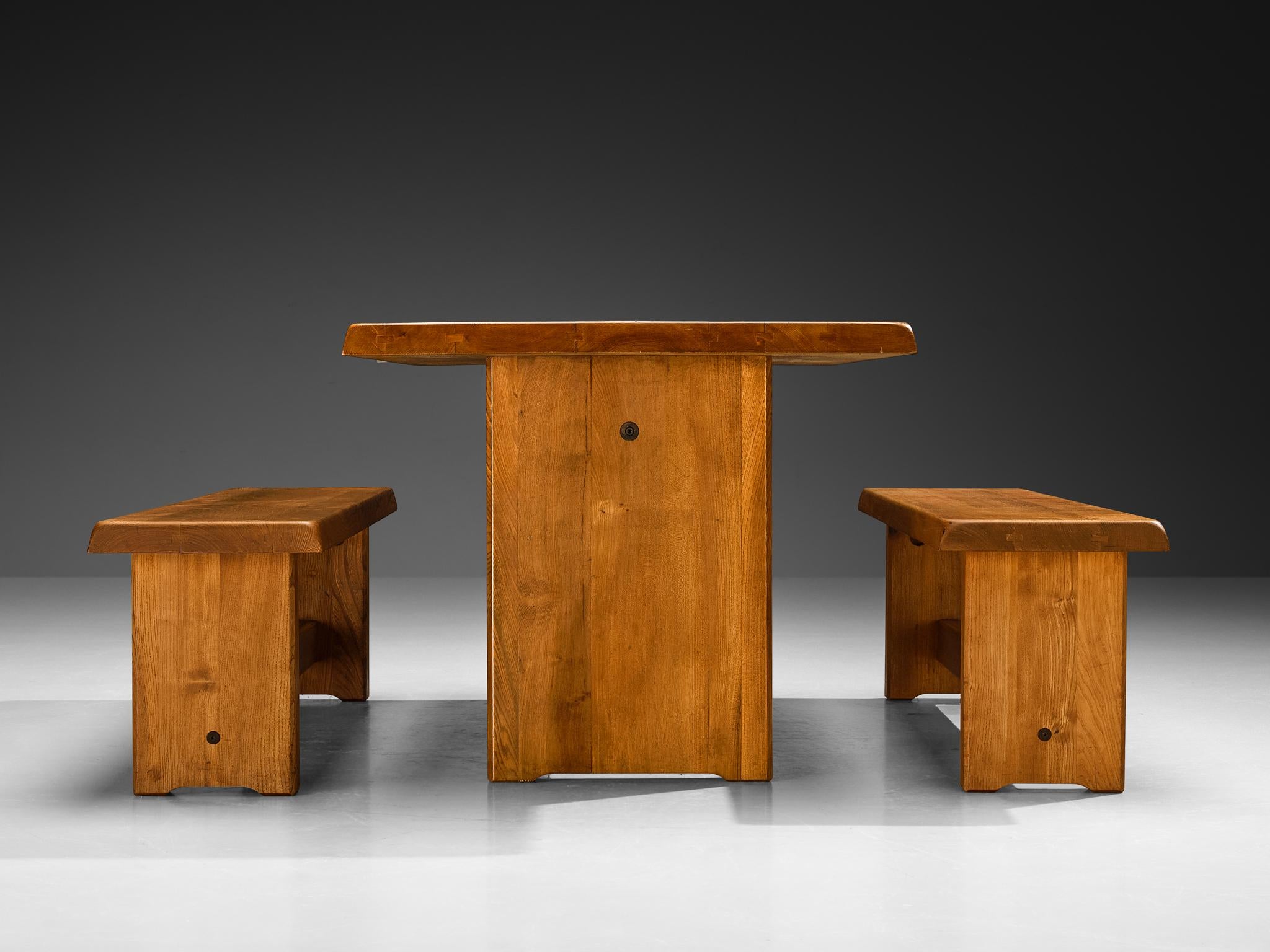 Early Pierre Chapo Dining Set 'T14C' Table and 'S14B' Benches in Solid Elm