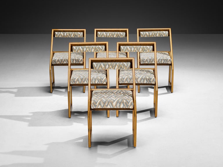 Set of Six 1970s Sculptural Geometric Chairs in Briar Wood and Brass